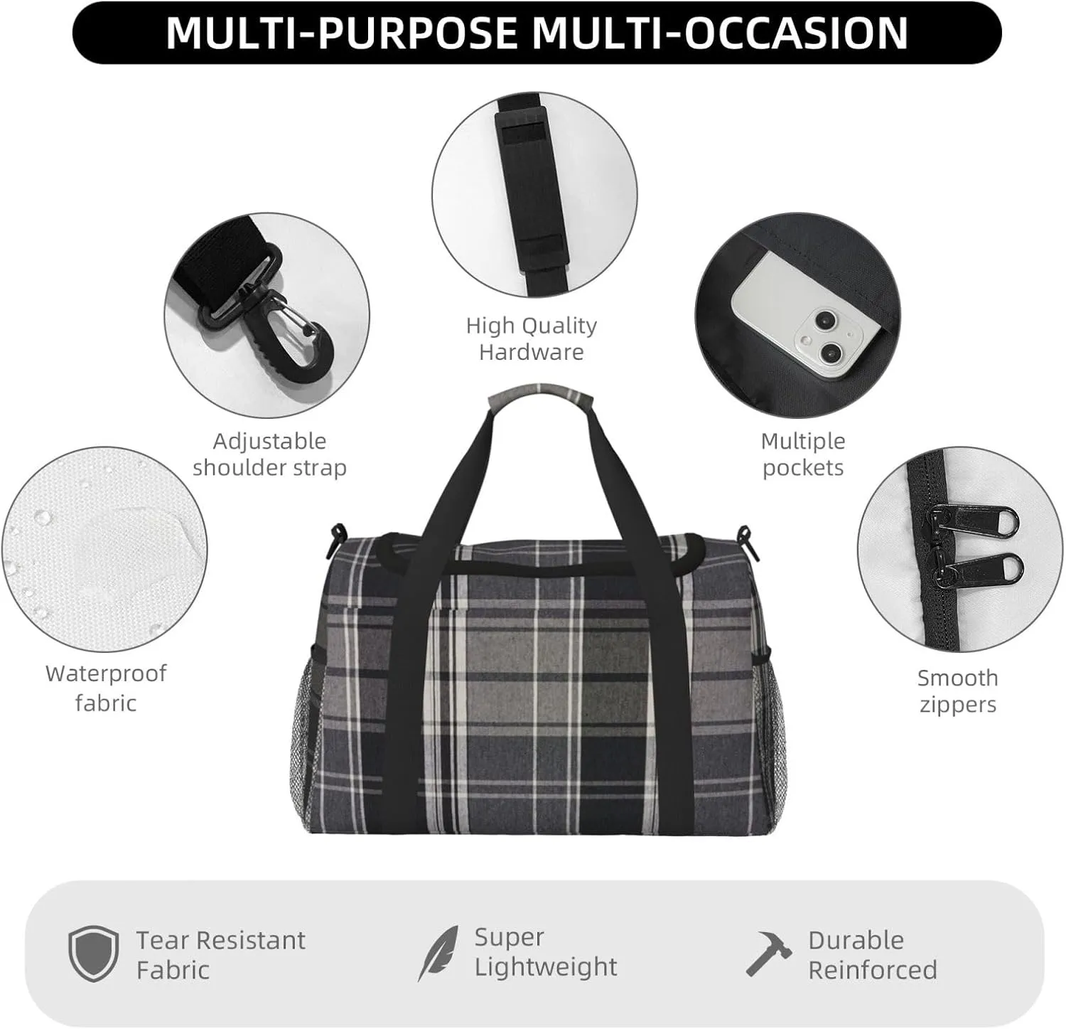Black White Grid Thin Line Travel Duffel Bag Large Foldable Waterproof Overnight Bag For Beach Swim Bags Pool Sports Gym