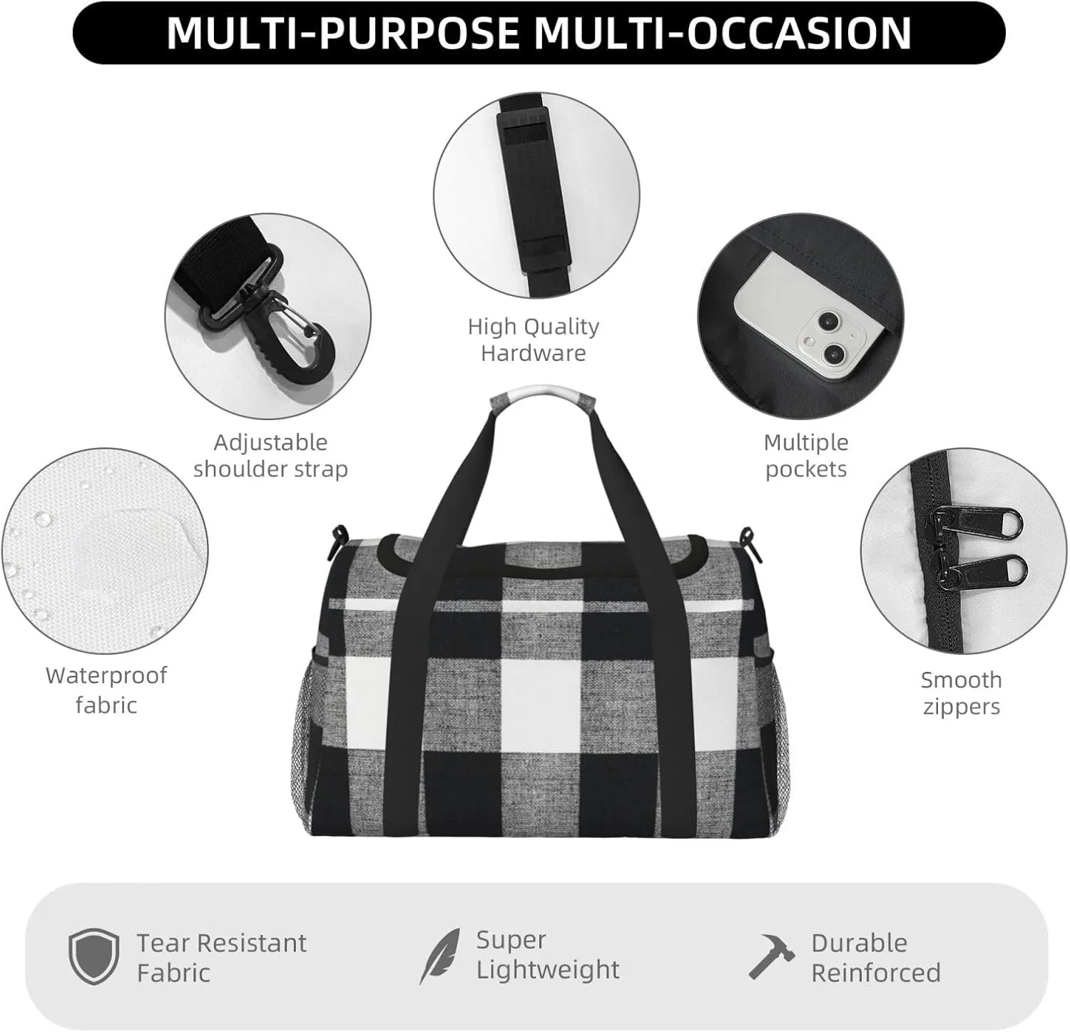 Black White Grid Thin Line Travel Duffel Bag Large Foldable Waterproof Overnight Bag For Beach Swim Bags Pool Sports Gym