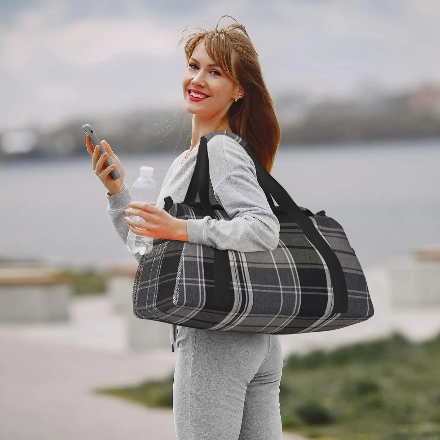 Black White Grid Thin Line Travel Duffel Bag Large Foldable Waterproof Overnight Bag For Beach Swim Bags Pool Sports Gym