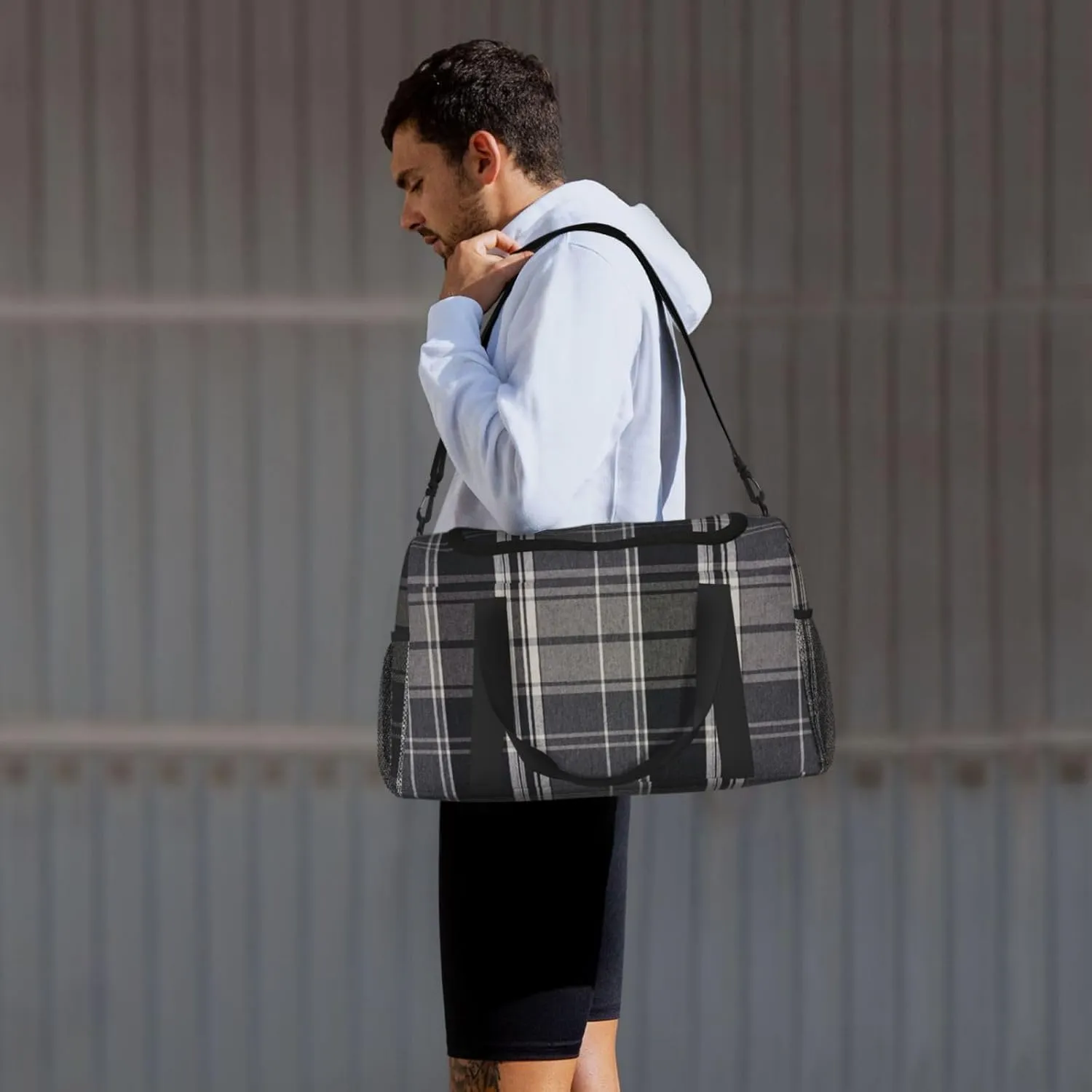 Black White Grid Thin Line Travel Duffel Bag Large Foldable Waterproof Overnight Bag For Beach Swim Bags Pool Sports Gym