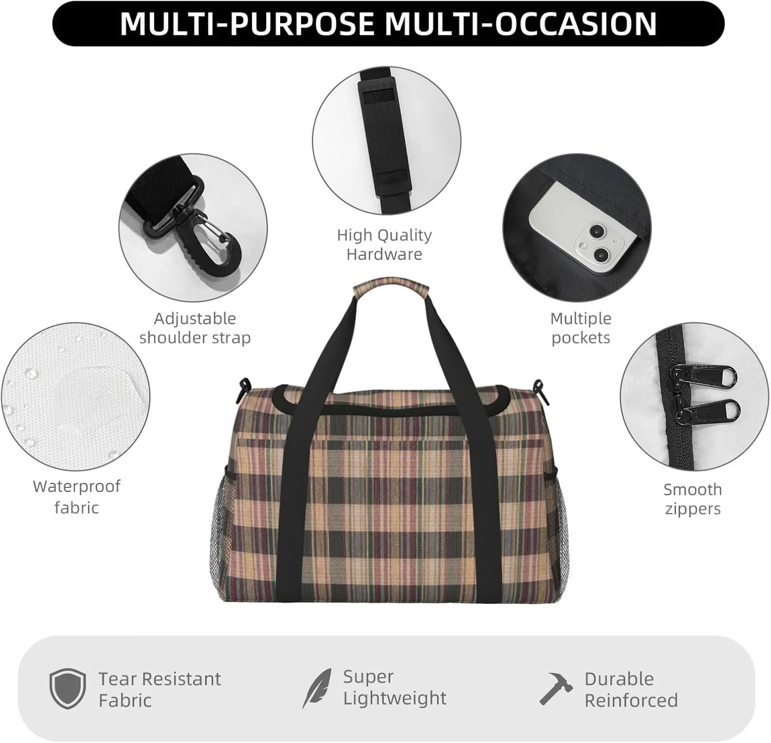 Black White Grid Thin Line Travel Duffel Bag Large Foldable Waterproof Overnight Bag For Beach Swim Bags Pool Sports Gym