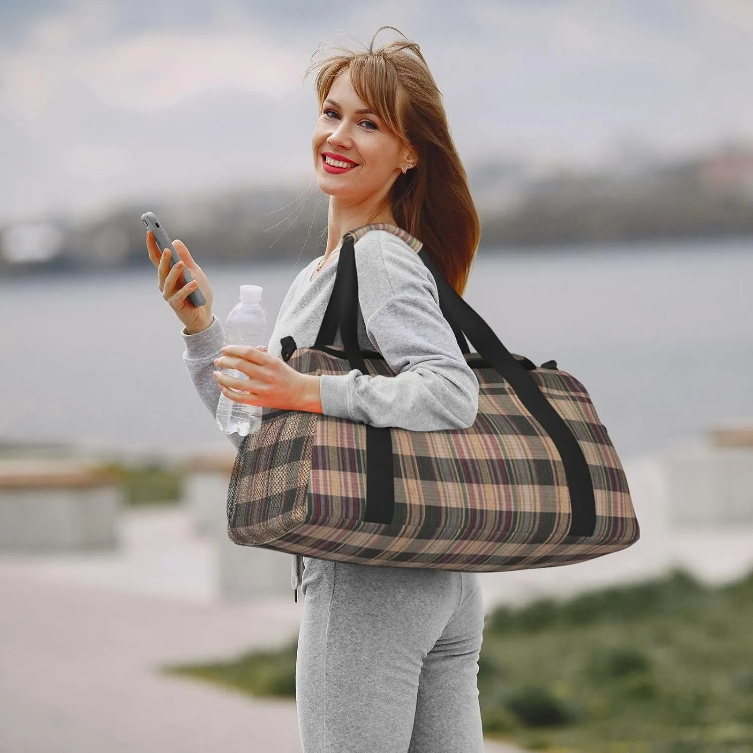 Black White Grid Thin Line Travel Duffel Bag Large Foldable Waterproof Overnight Bag For Beach Swim Bags Pool Sports Gym