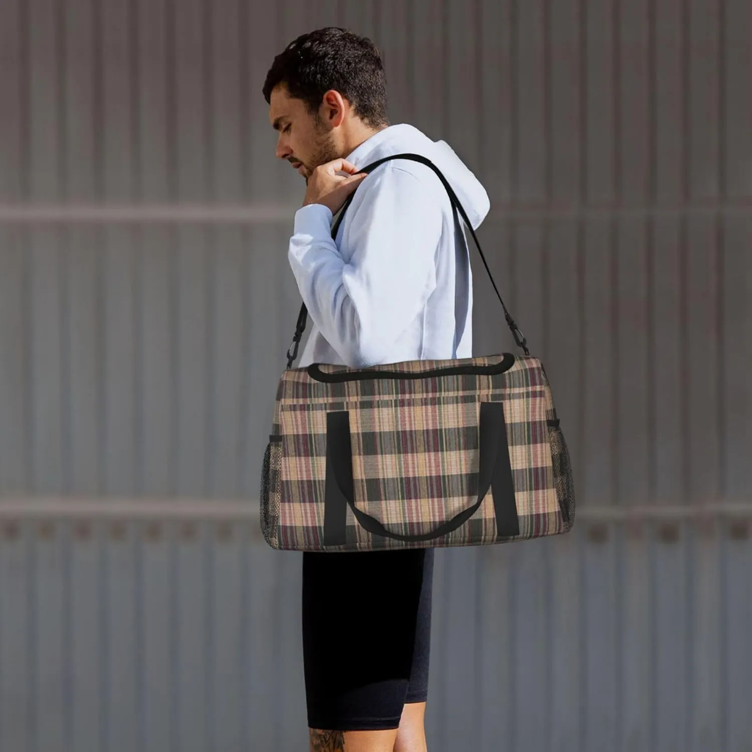 Black White Grid Thin Line Travel Duffel Bag Large Foldable Waterproof Overnight Bag For Beach Swim Bags Pool Sports Gym