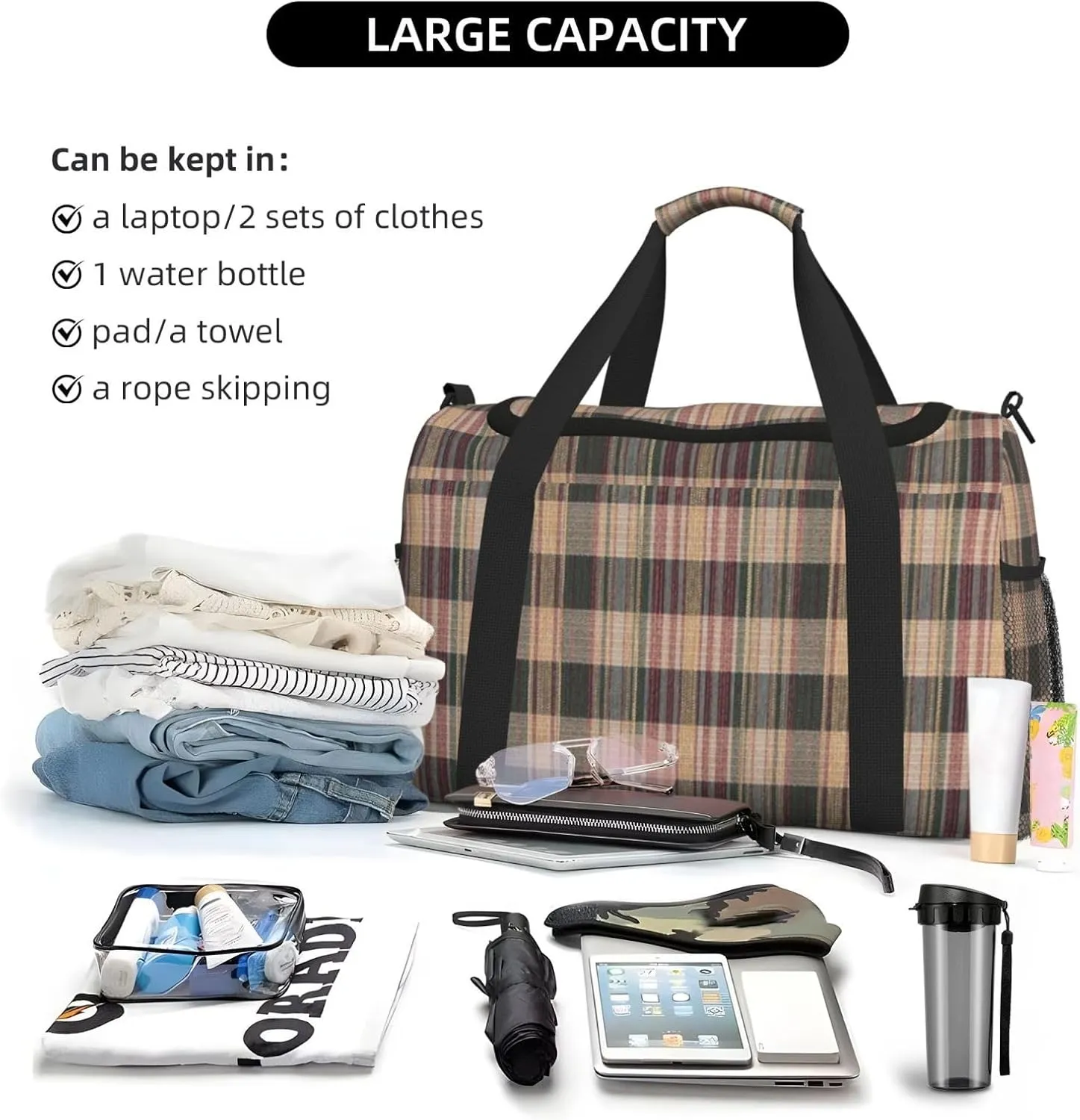 Black White Grid Thin Line Travel Duffel Bag Large Foldable Waterproof Overnight Bag For Beach Swim Bags Pool Sports Gym