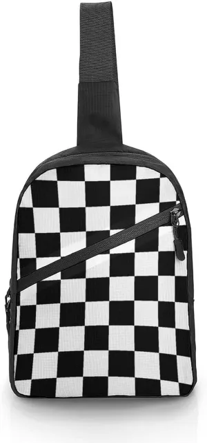 Black White Race Checkered Flag Printed Sling Backpack Crossbody Shoulder Bag Casual Chest Bag Travel Hiking Daypack