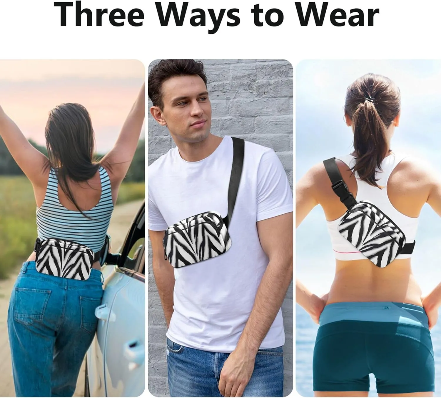 Black White Zebra Fanny Pack for Women Waterproof Hip Pack Belt Bag Cute Cross Body Waist Pack