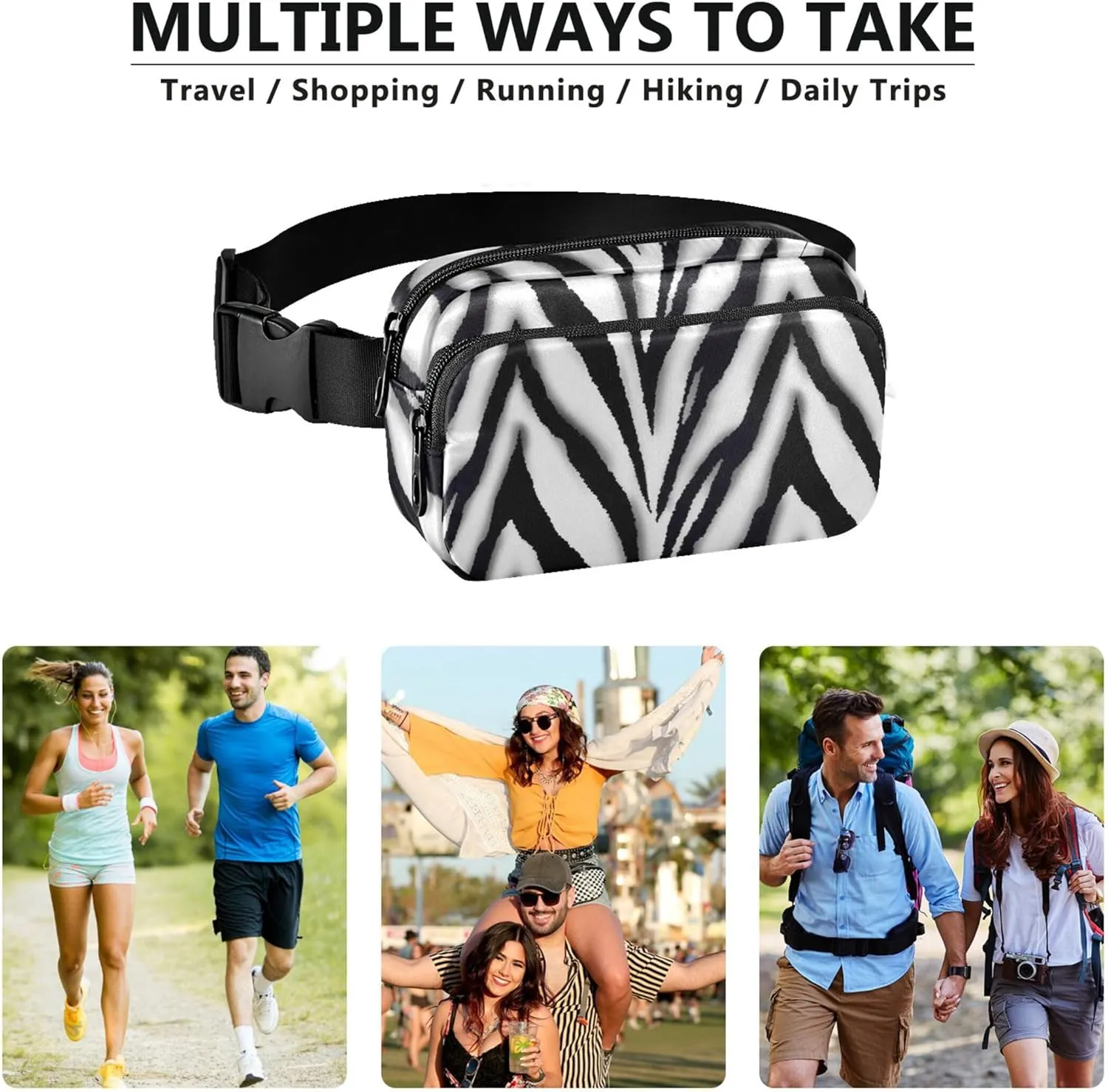 Black White Zebra Fanny Pack for Women Waterproof Hip Pack Belt Bag Cute Cross Body Waist Pack