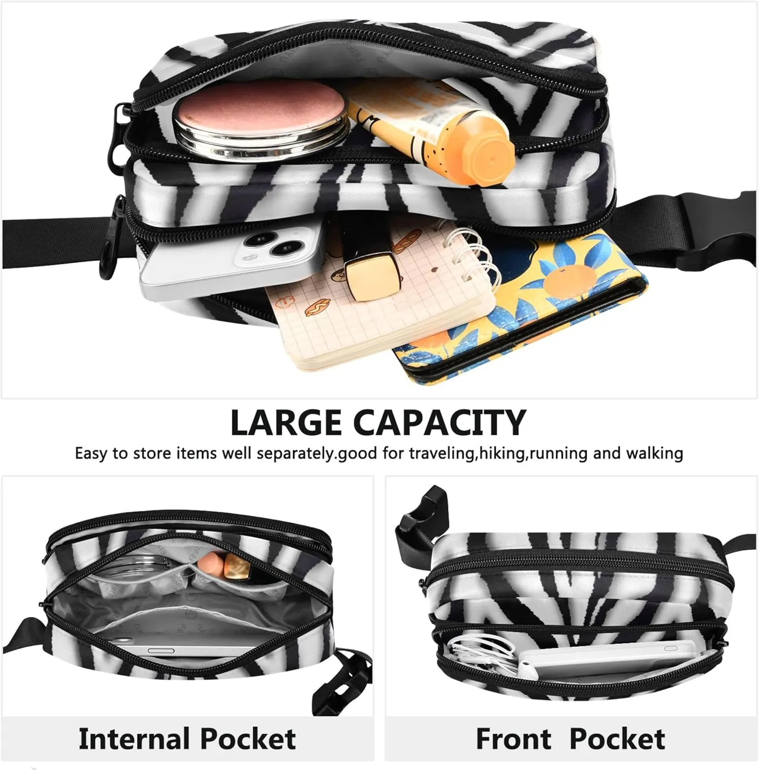 Black White Zebra Fanny Pack for Women Waterproof Hip Pack Belt Bag Cute Cross Body Waist Pack