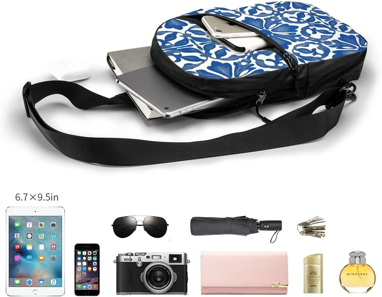 Blue And White Print Crossbody Bags For Women, Sling Bag For Men, Hiking Backpack Lightweight For Casual Outdoor Travel