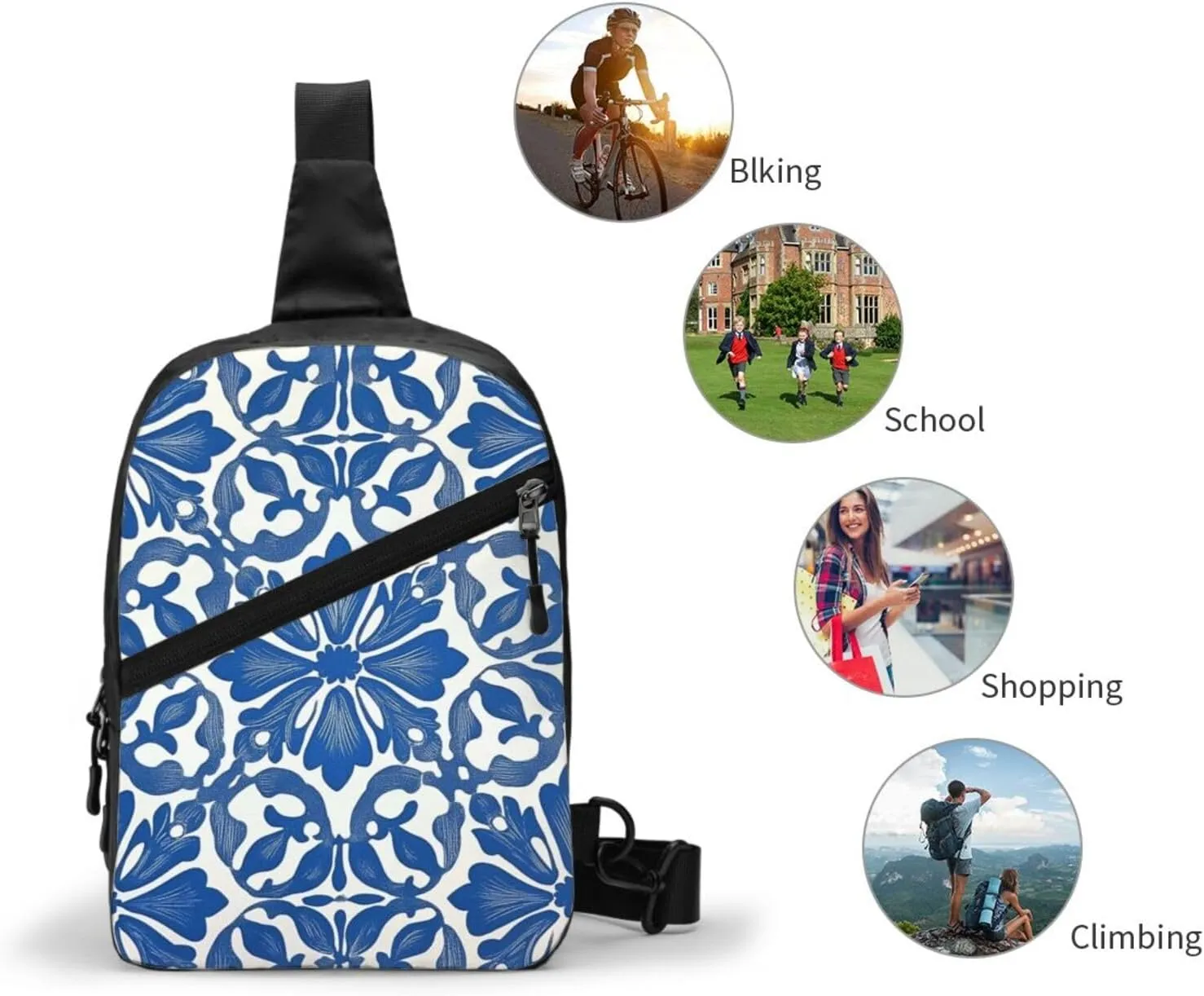 Blue And White Print Crossbody Bags For Women, Sling Bag For Men, Hiking Backpack Lightweight For Casual Outdoor Travel