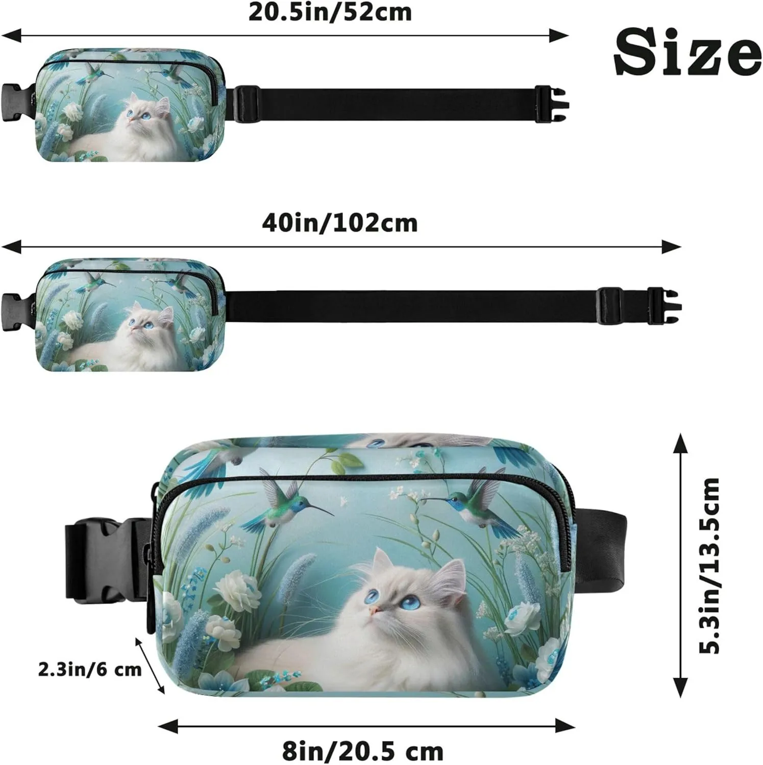 Blue Floral Cat Bird Womens Fanny Pack Hip Bag Belt Purse Waterproof Flower Travel Waist Pack for Men