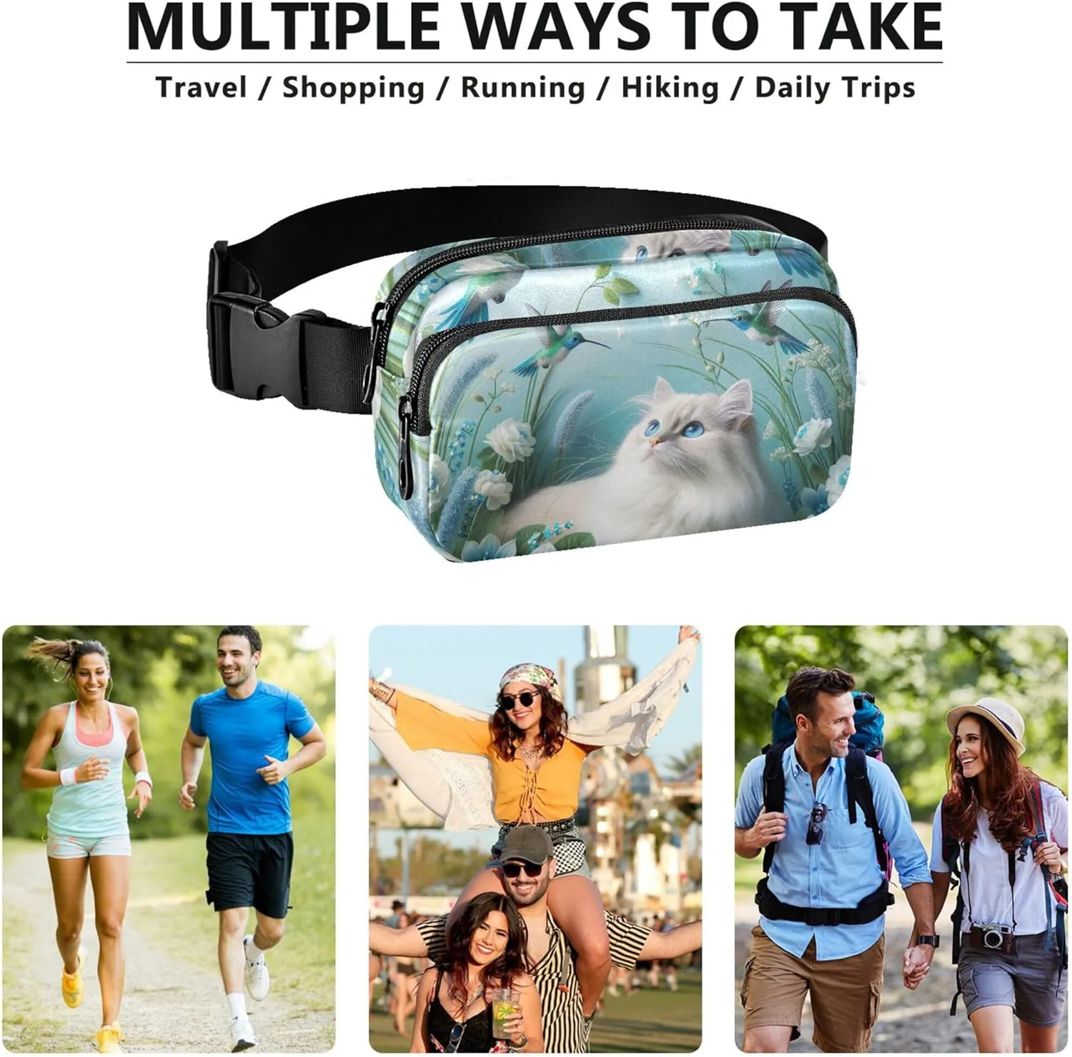 Blue Floral Cat Bird Womens Fanny Pack Hip Bag Belt Purse Waterproof Flower Travel Waist Pack for Men