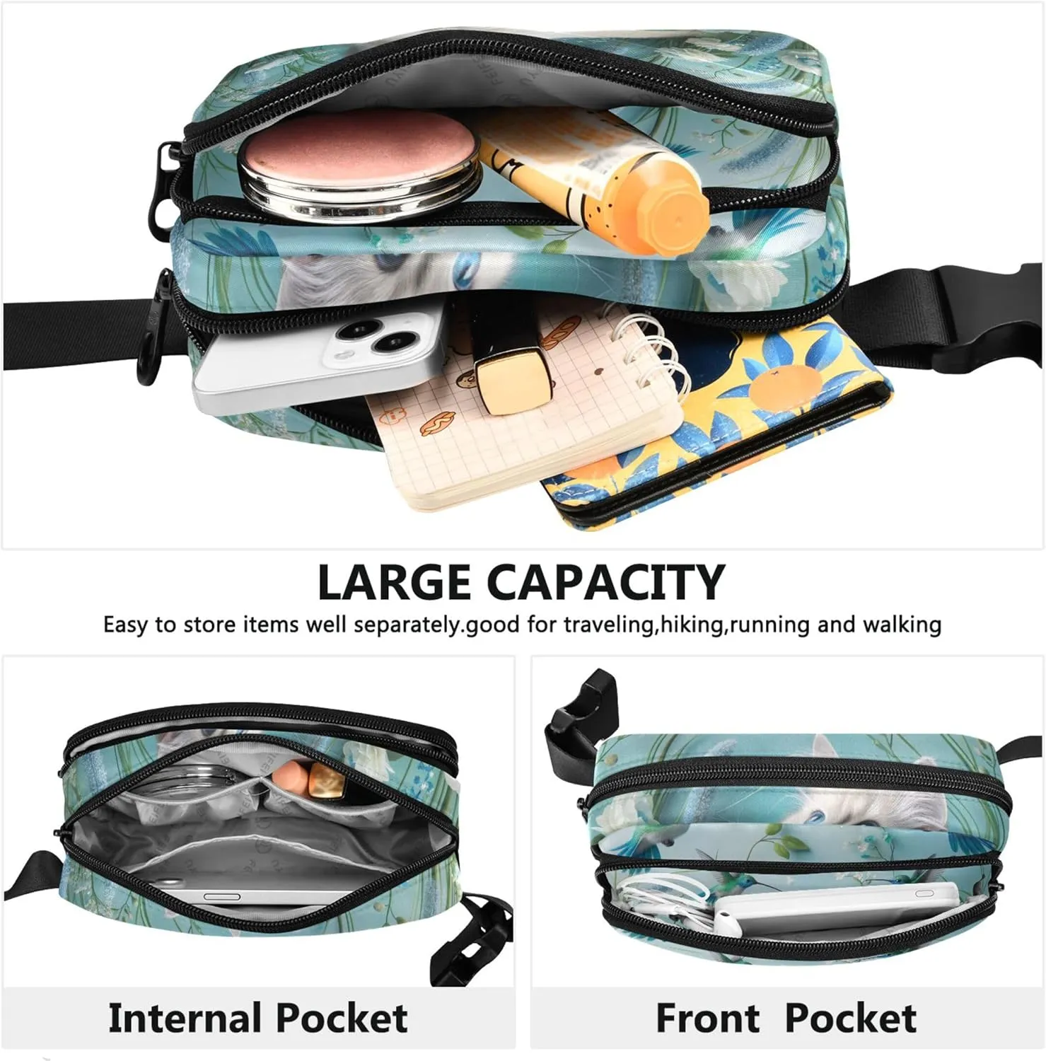 Blue Floral Cat Bird Womens Fanny Pack Hip Bag Belt Purse Waterproof Flower Travel Waist Pack for Men