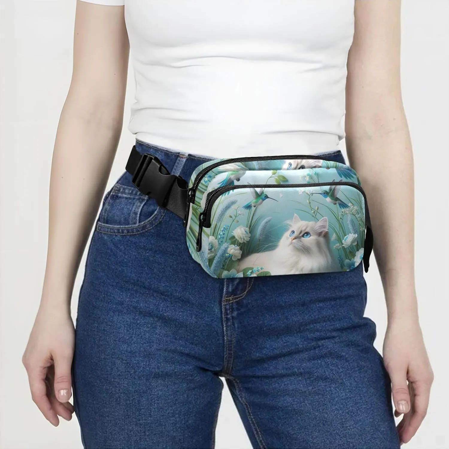 Blue Floral Cat Bird Womens Fanny Pack Hip Bag Belt Purse Waterproof Flower Travel Waist Pack for Men
