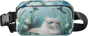 Blue Floral Cat Bird Womens Fanny Pack Hip Bag Belt Purse Waterproof Flower Travel Waist Pack for Men