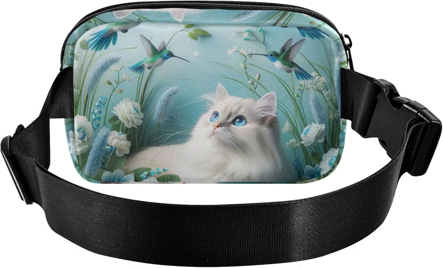 Blue Floral Cat Bird Womens Fanny Pack Hip Bag Belt Purse Waterproof Flower Travel Waist Pack for Men