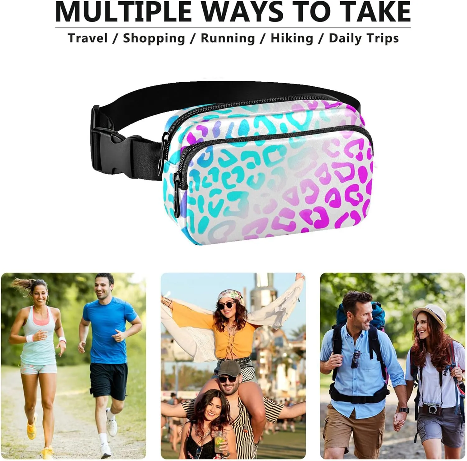 Blue Pink Purple Leopard Women Fanny Packs Bright Belt Bags Hip Pack Waterproof Waist Pack for Women