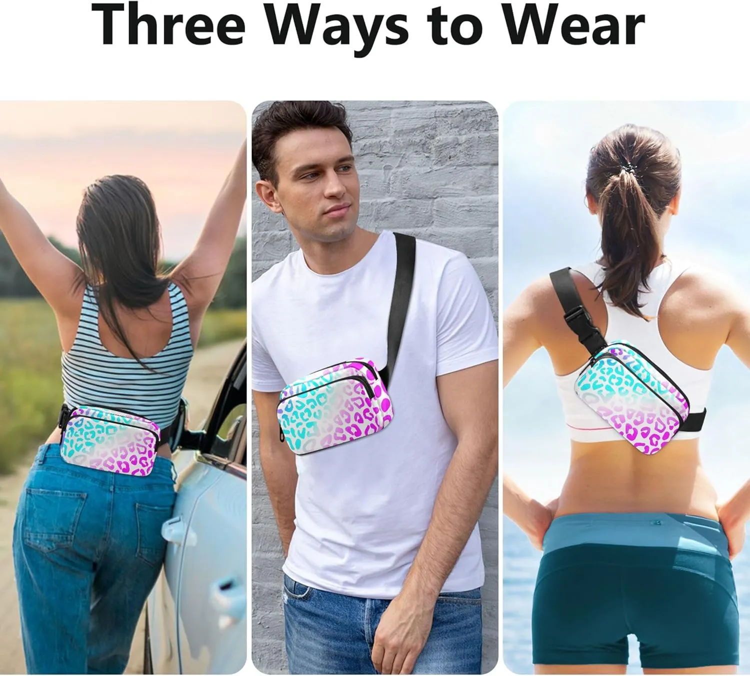 Blue Pink Purple Leopard Women Fanny Packs Bright Belt Bags Hip Pack Waterproof Waist Pack for Women