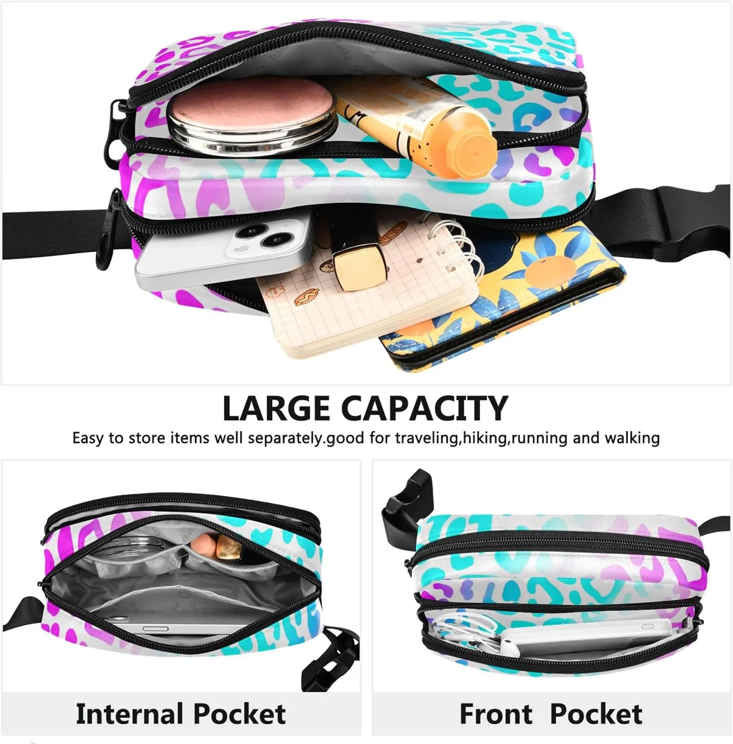 Blue Pink Purple Leopard Women Fanny Packs Bright Belt Bags Hip Pack Waterproof Waist Pack for Women