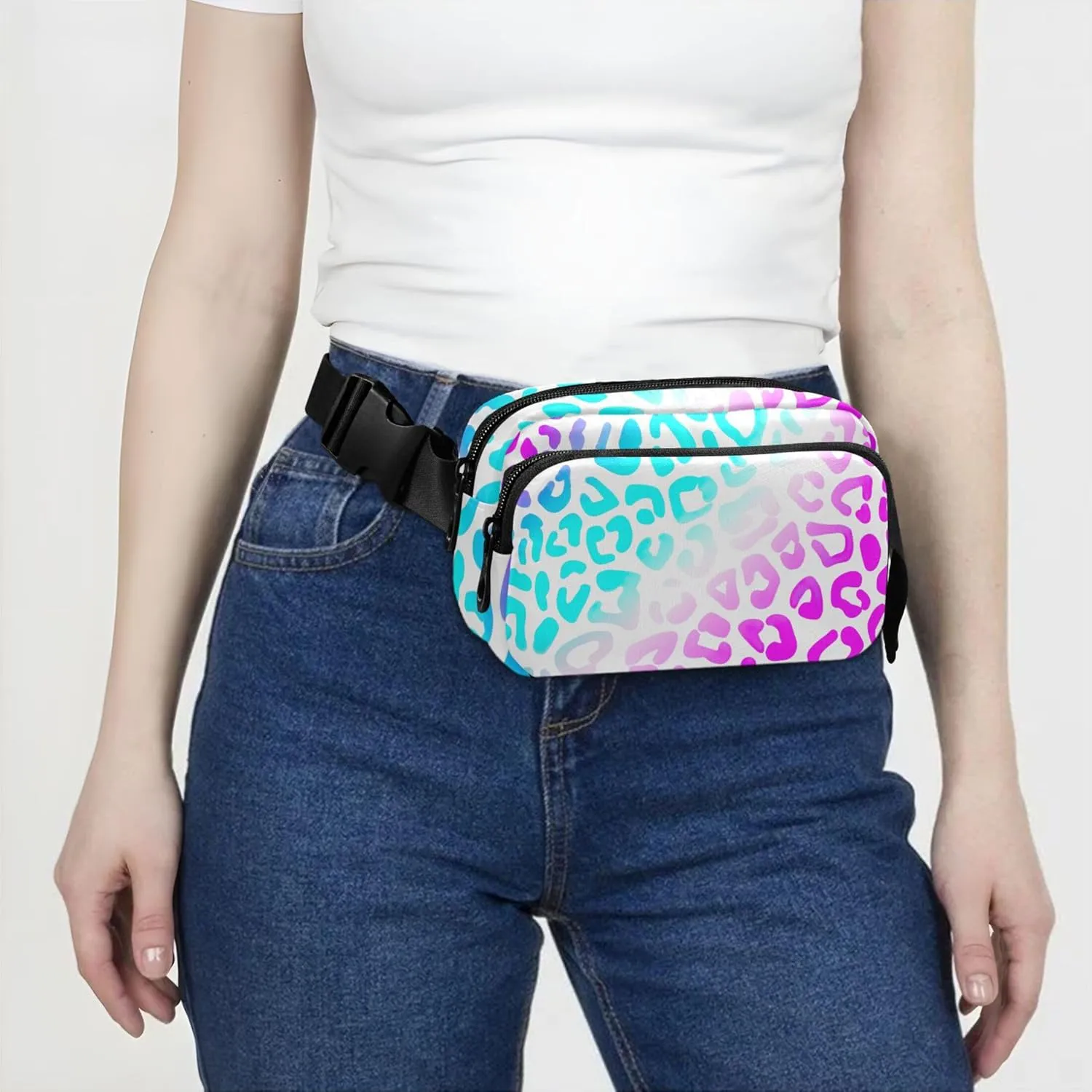 Blue Pink Purple Leopard Women Fanny Packs Bright Belt Bags Hip Pack Waterproof Waist Pack for Women