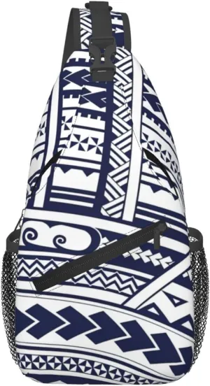 Blue Polynesian Maori Tribal Pattern Print Crossbody Backpack Sling Bag Chest Bags Daypack For Sport Running Hiking Women Men Unisex