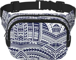 Blue Polynesian Maori Tribal Pattern Zipper Fanny Pack, Crossbody Bags With Adjustable Strap For Jogging, Cycling
