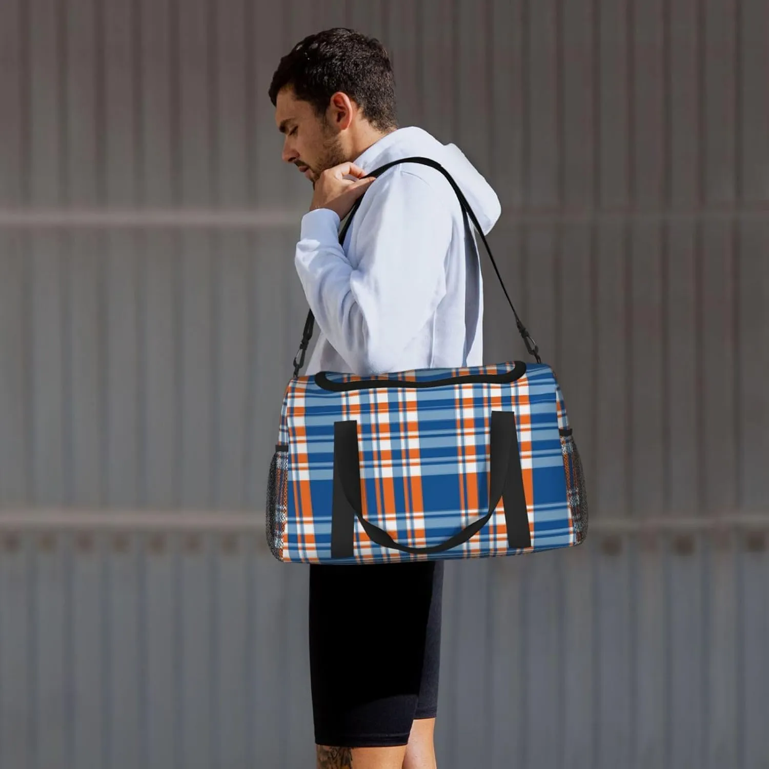 Blue Thin Line Grid Travel Duffel Bag Large Foldable Waterproof Overnight Bag For Beach Swim Bags Pool Sports Gym