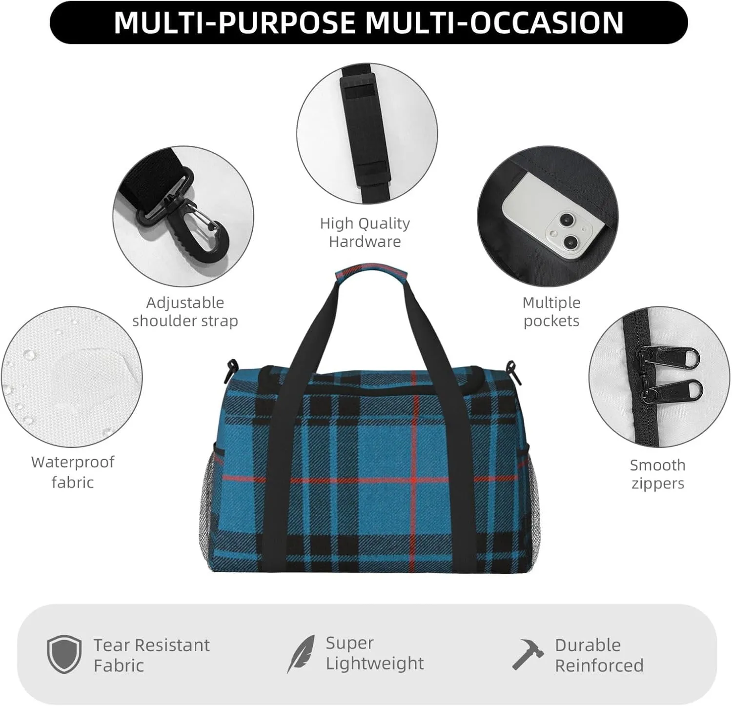 Blue Thin Line Grid Travel Duffel Bag Large Foldable Waterproof Overnight Bag For Beach Swim Bags Pool Sports Gym