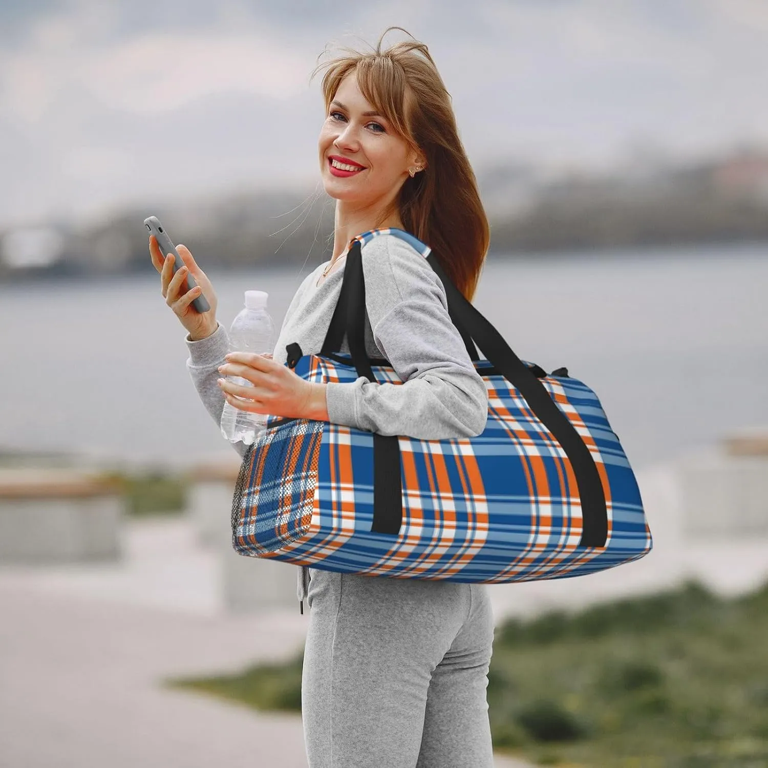 Blue Thin Line Grid Travel Duffel Bag Large Foldable Waterproof Overnight Bag For Beach Swim Bags Pool Sports Gym
