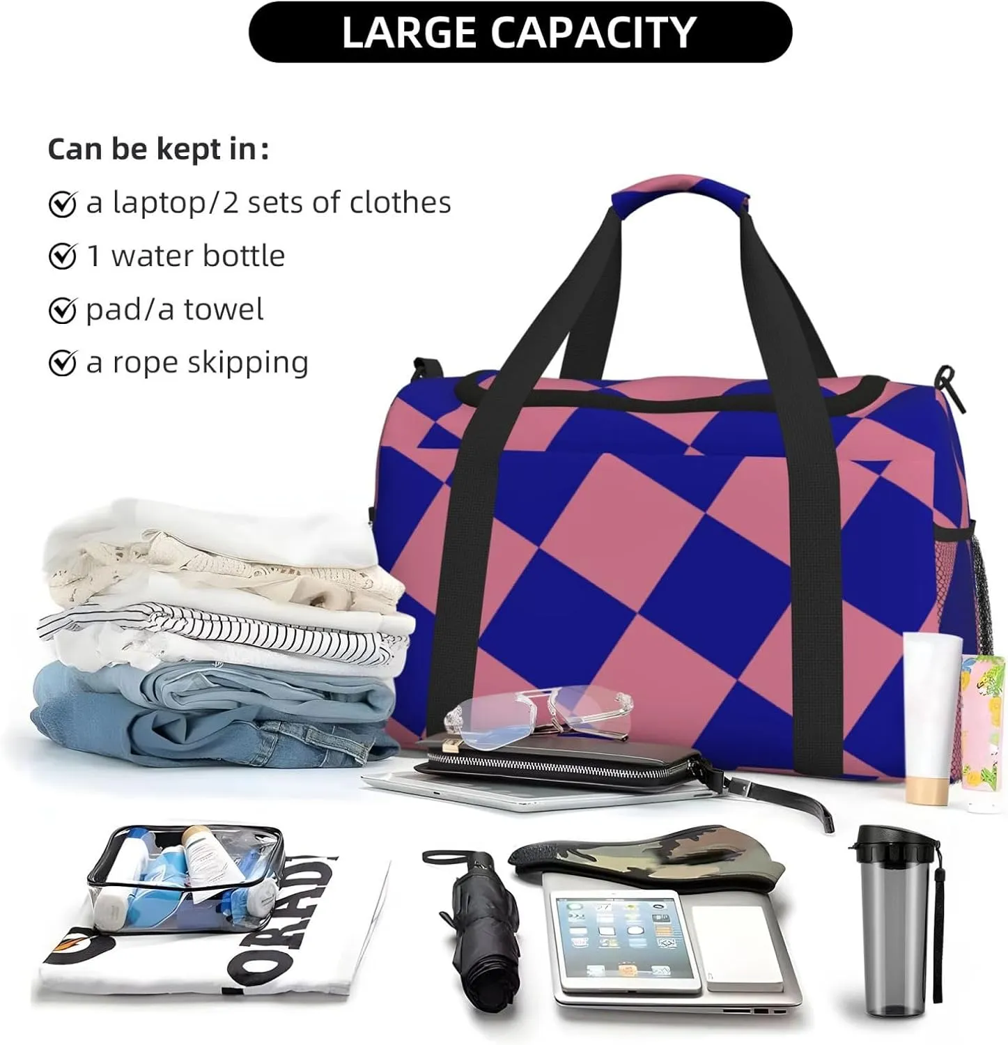 Blue Thin Line Grid Travel Duffel Bag Large Foldable Waterproof Overnight Bag For Beach Swim Bags Pool Sports Gym
