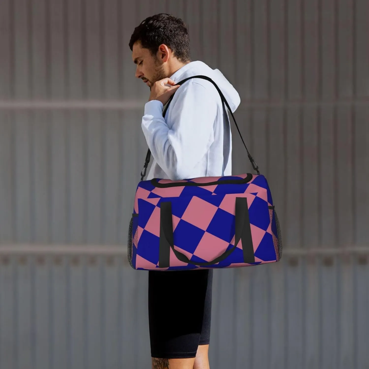 Blue Thin Line Grid Travel Duffel Bag Large Foldable Waterproof Overnight Bag For Beach Swim Bags Pool Sports Gym