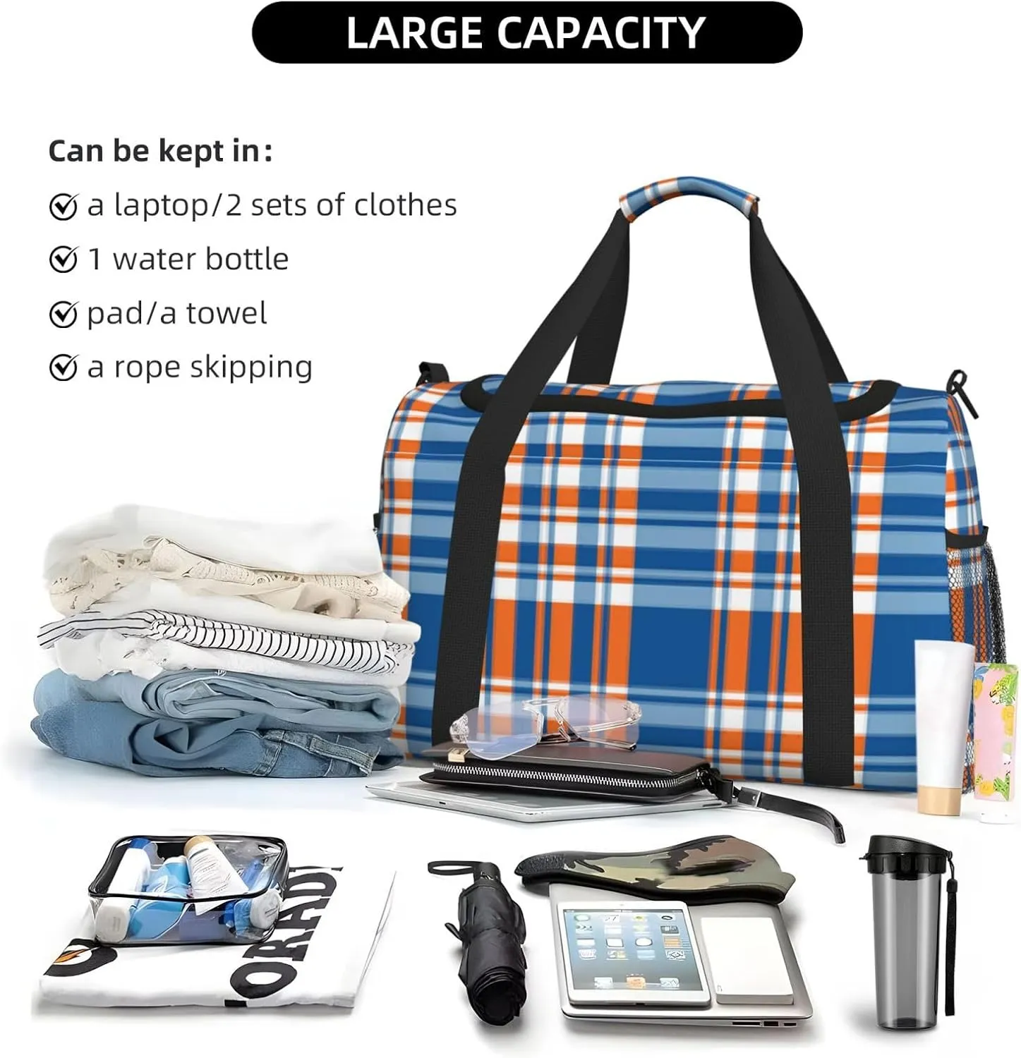 Blue Thin Line Grid Travel Duffel Bag Large Foldable Waterproof Overnight Bag For Beach Swim Bags Pool Sports Gym