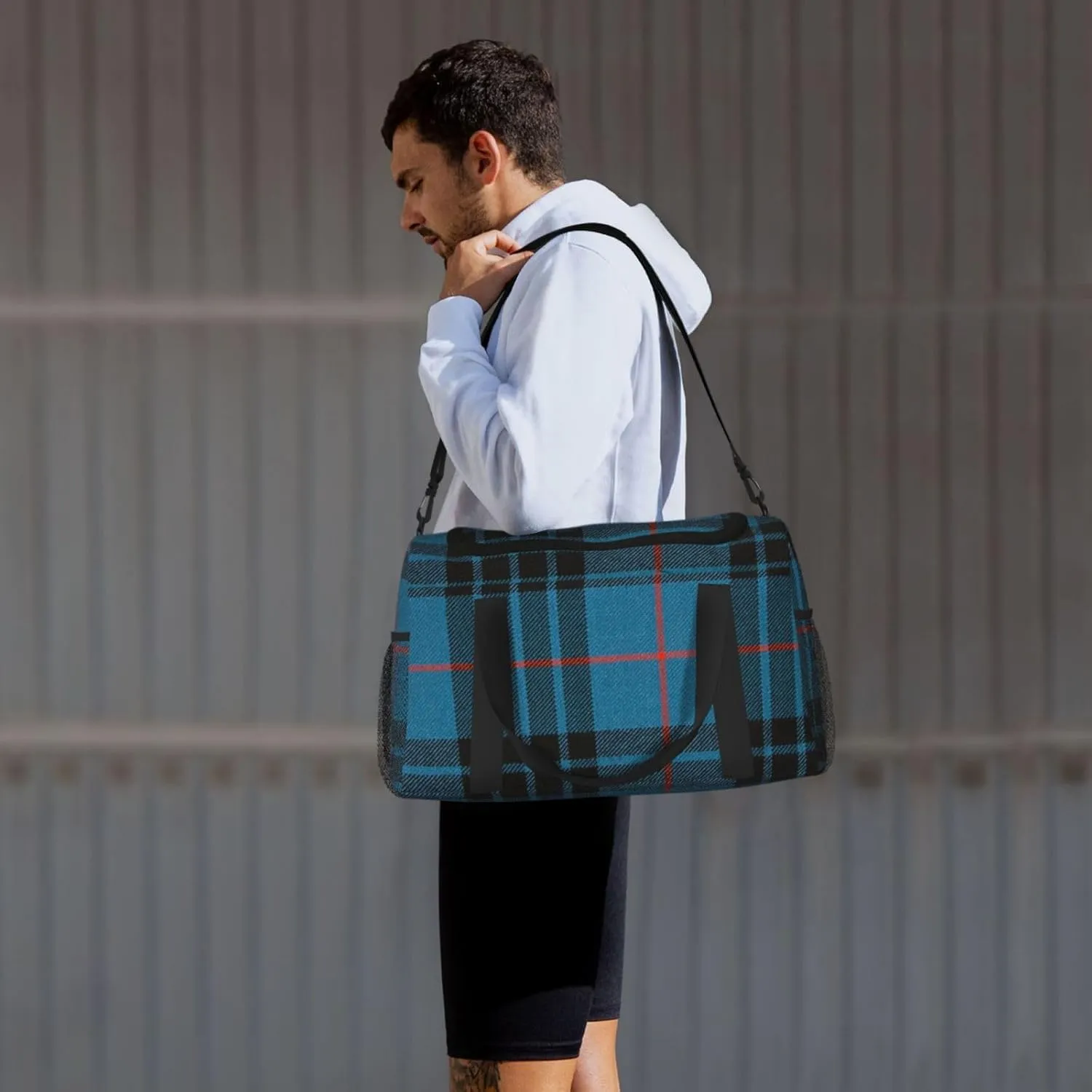 Blue Thin Line Grid Travel Duffel Bag Large Foldable Waterproof Overnight Bag For Beach Swim Bags Pool Sports Gym