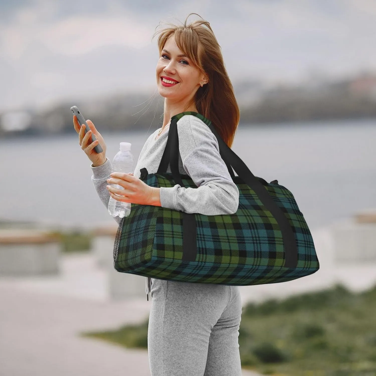 Blue Thin Line Grid Travel Duffel Bag Large Foldable Waterproof Overnight Bag For Beach Swim Bags Pool Sports Gym