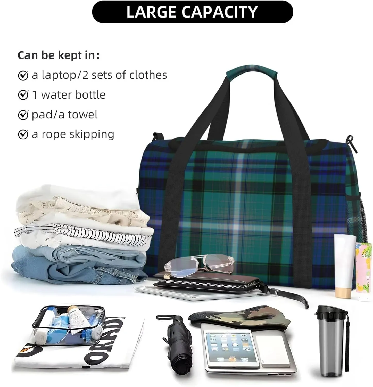 Blue Thin Line Grid Travel Duffel Bag Large Foldable Waterproof Overnight Bag For Beach Swim Bags Pool Sports Gym