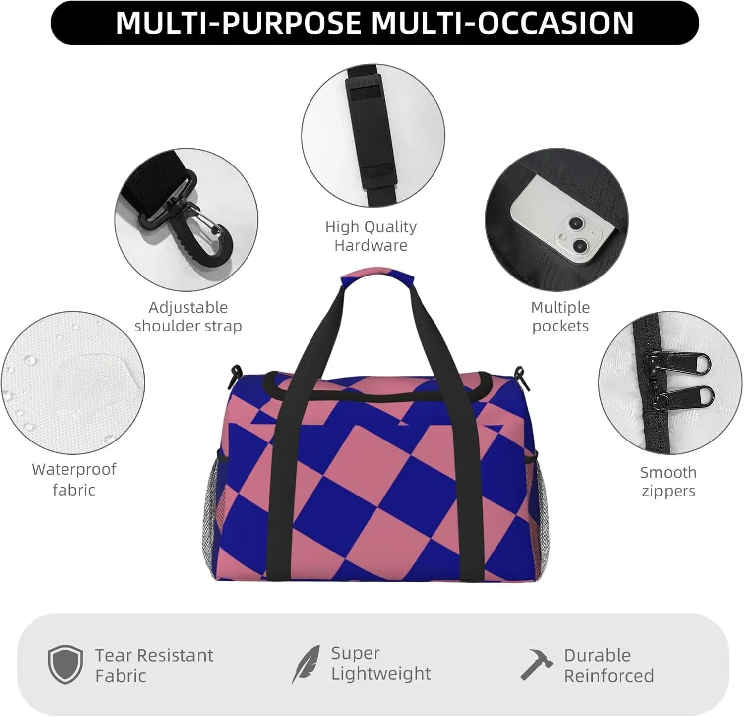 Blue Thin Line Grid Travel Duffel Bag Large Foldable Waterproof Overnight Bag For Beach Swim Bags Pool Sports Gym