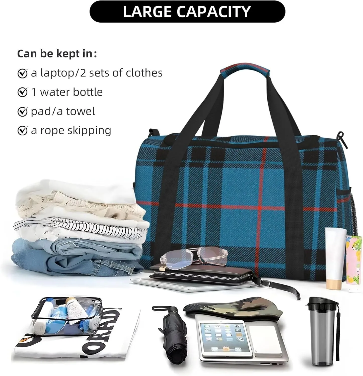 Blue Thin Line Grid Travel Duffel Bag Large Foldable Waterproof Overnight Bag For Beach Swim Bags Pool Sports Gym