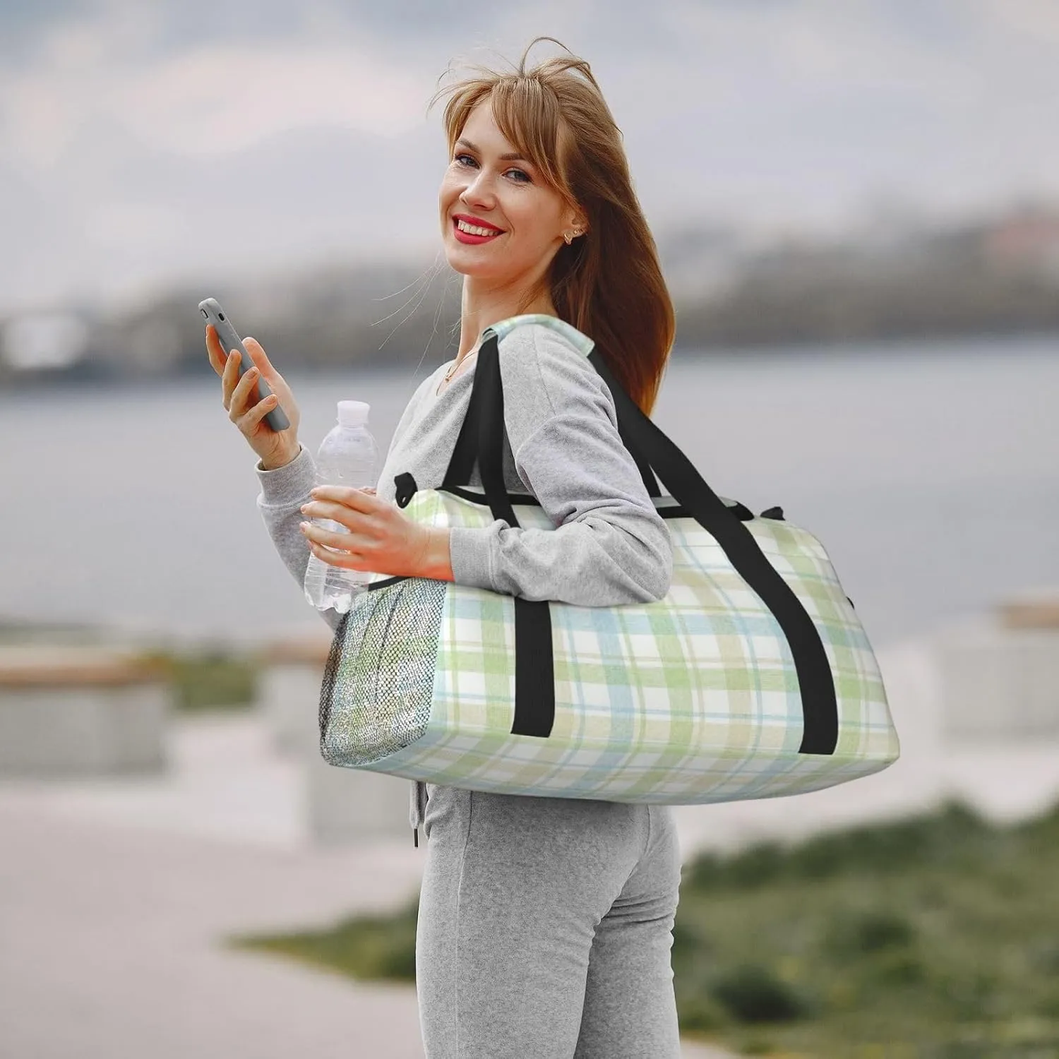 Blue Thin Line Grid Travel Duffel Bag Large Foldable Waterproof Overnight Bag For Beach Swim Bags Pool Sports Gym