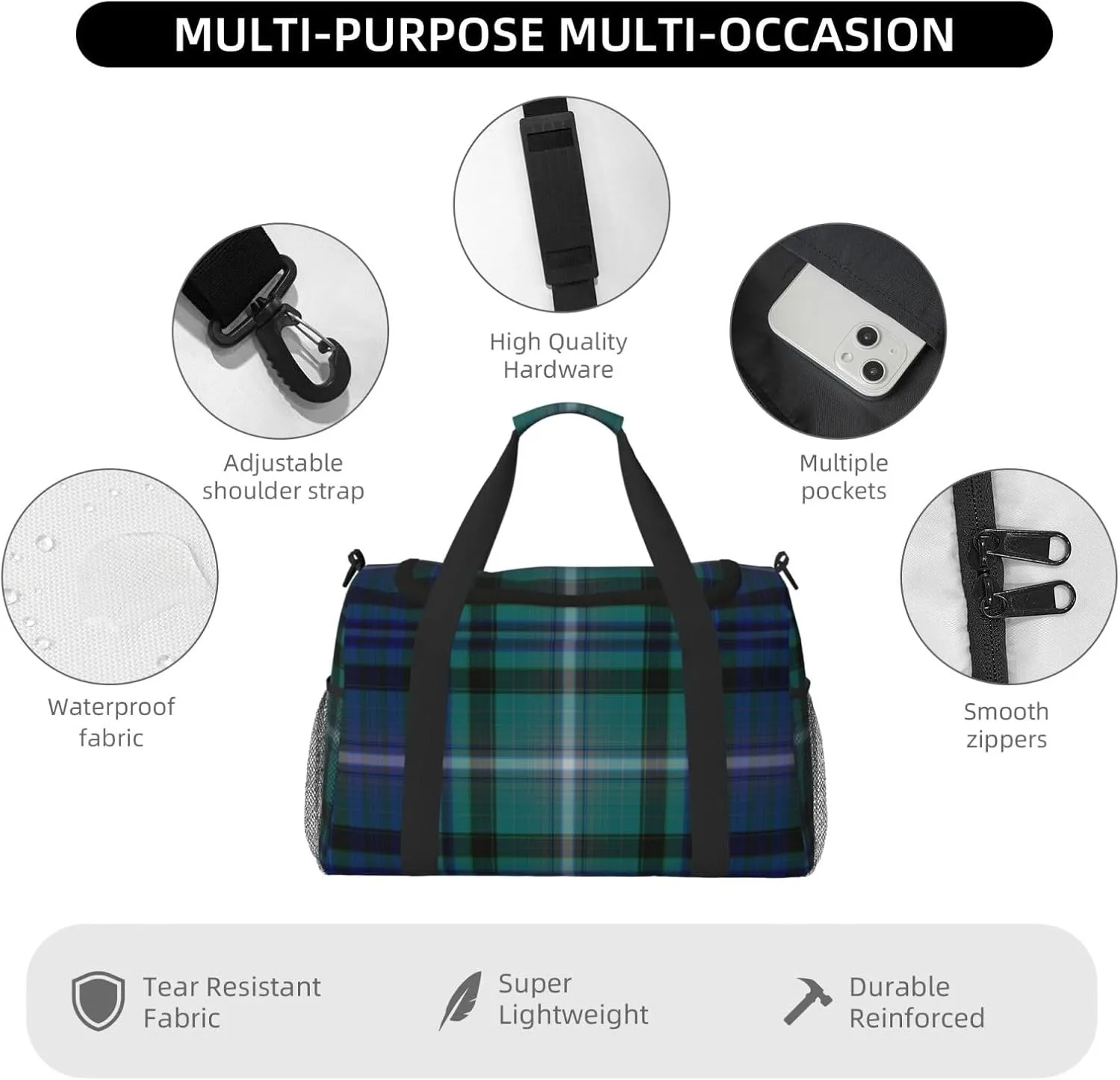 Blue Thin Line Grid Travel Duffel Bag Large Foldable Waterproof Overnight Bag For Beach Swim Bags Pool Sports Gym