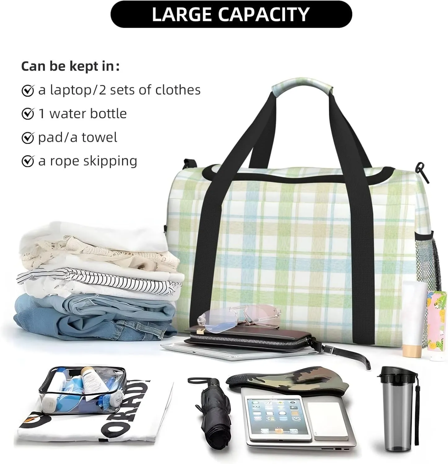 Blue Thin Line Grid Travel Duffel Bag Large Foldable Waterproof Overnight Bag For Beach Swim Bags Pool Sports Gym