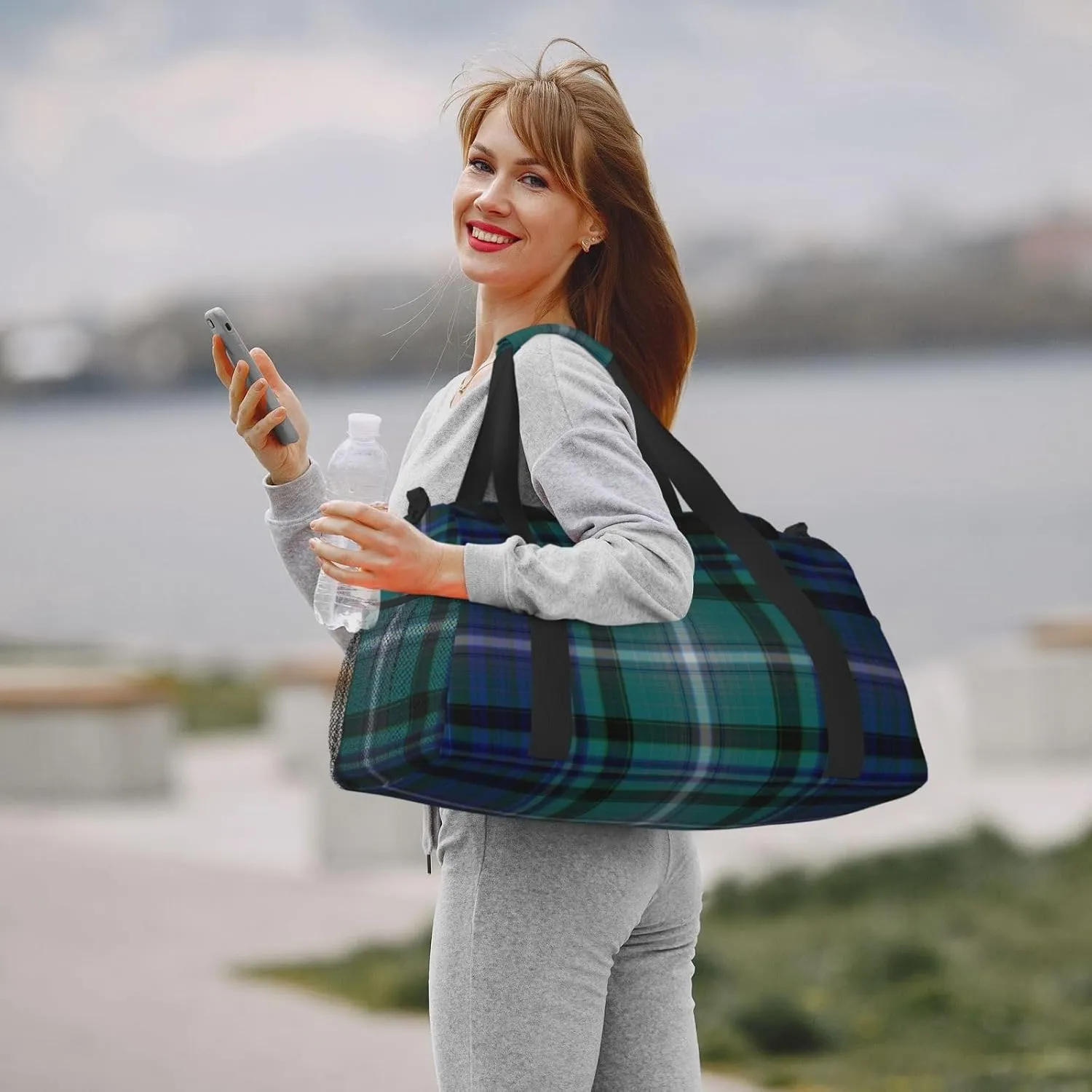 Blue Thin Line Grid Travel Duffel Bag Large Foldable Waterproof Overnight Bag For Beach Swim Bags Pool Sports Gym