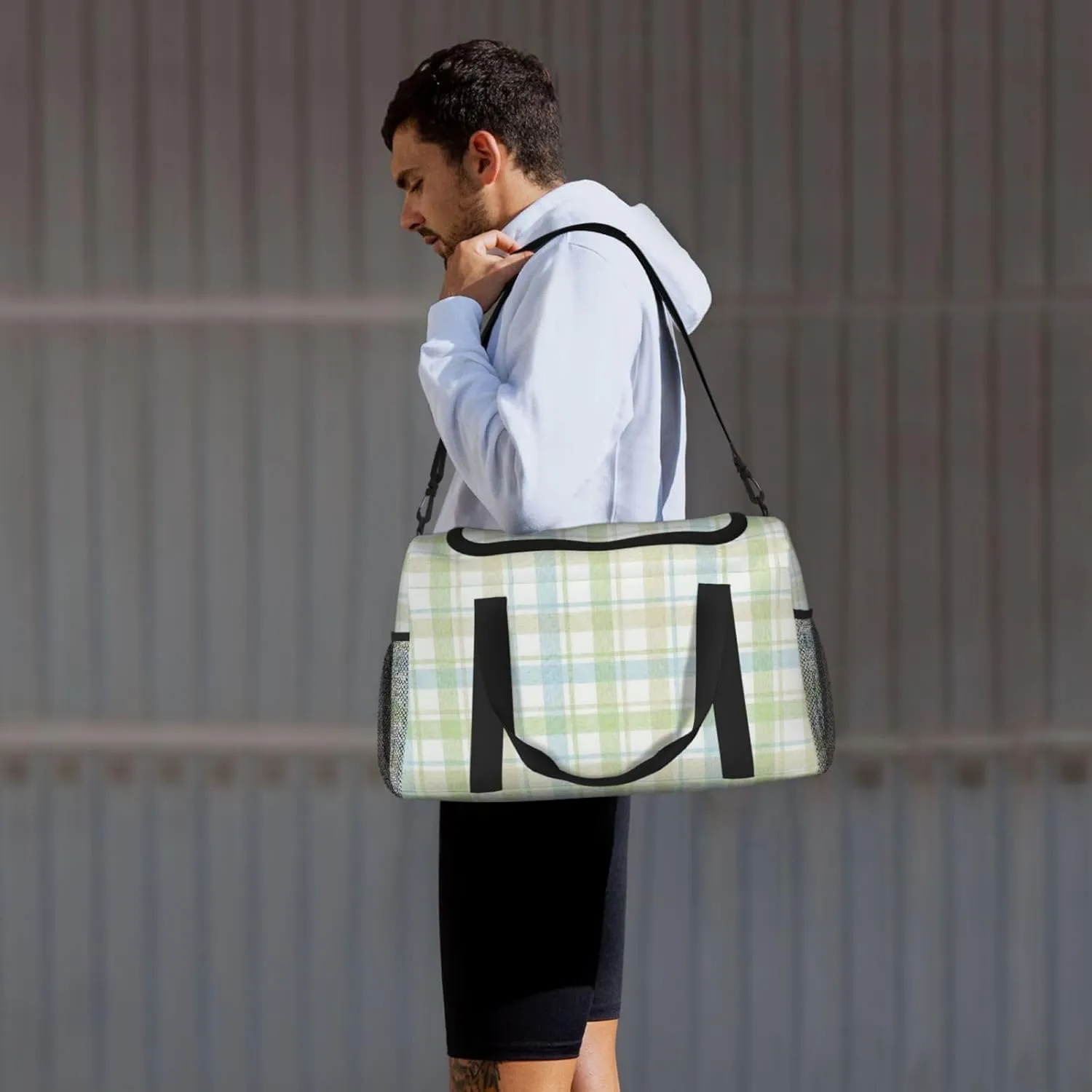 Blue Thin Line Grid Travel Duffel Bag Large Foldable Waterproof Overnight Bag For Beach Swim Bags Pool Sports Gym