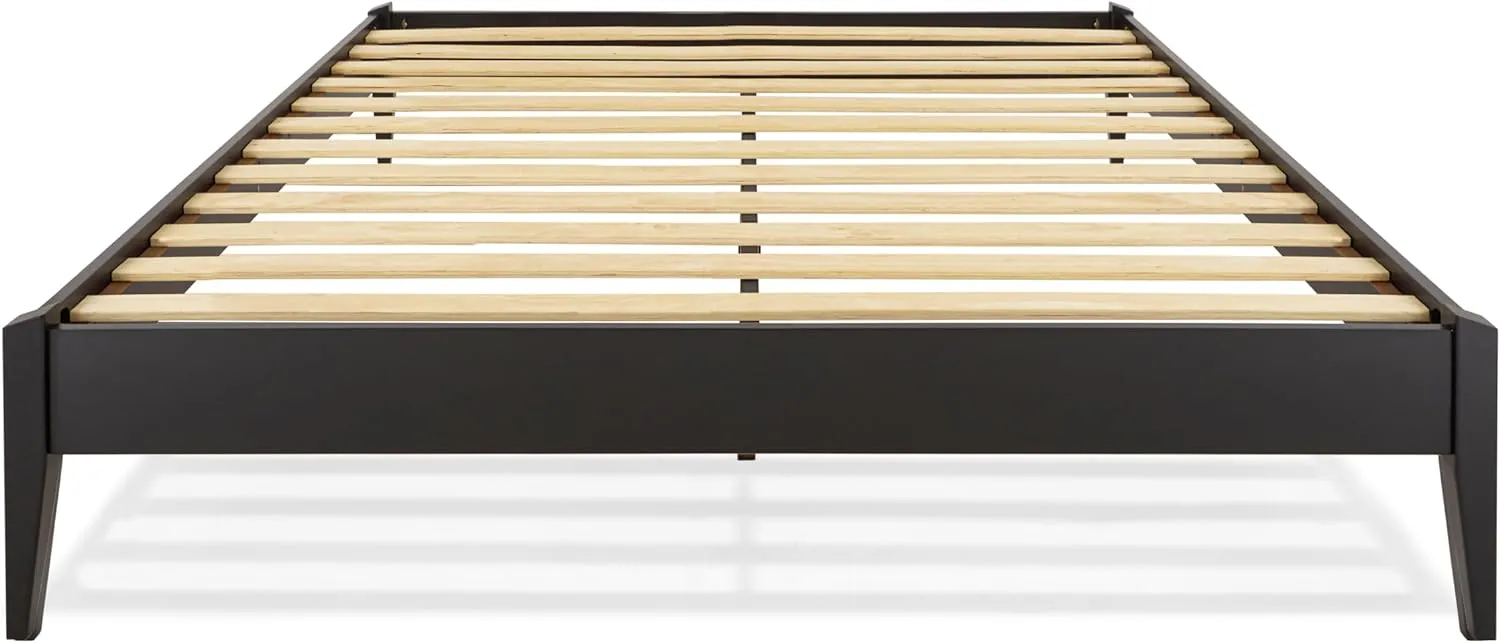 Bme Dinkee Queen Platform Bed Frame Wood 15 Inch - Solid Wood Bed Frame - Modern & Minimalist Style - 12 Strong Wood Slat Support - Easy Assembly - No Box Spring Needed - Black