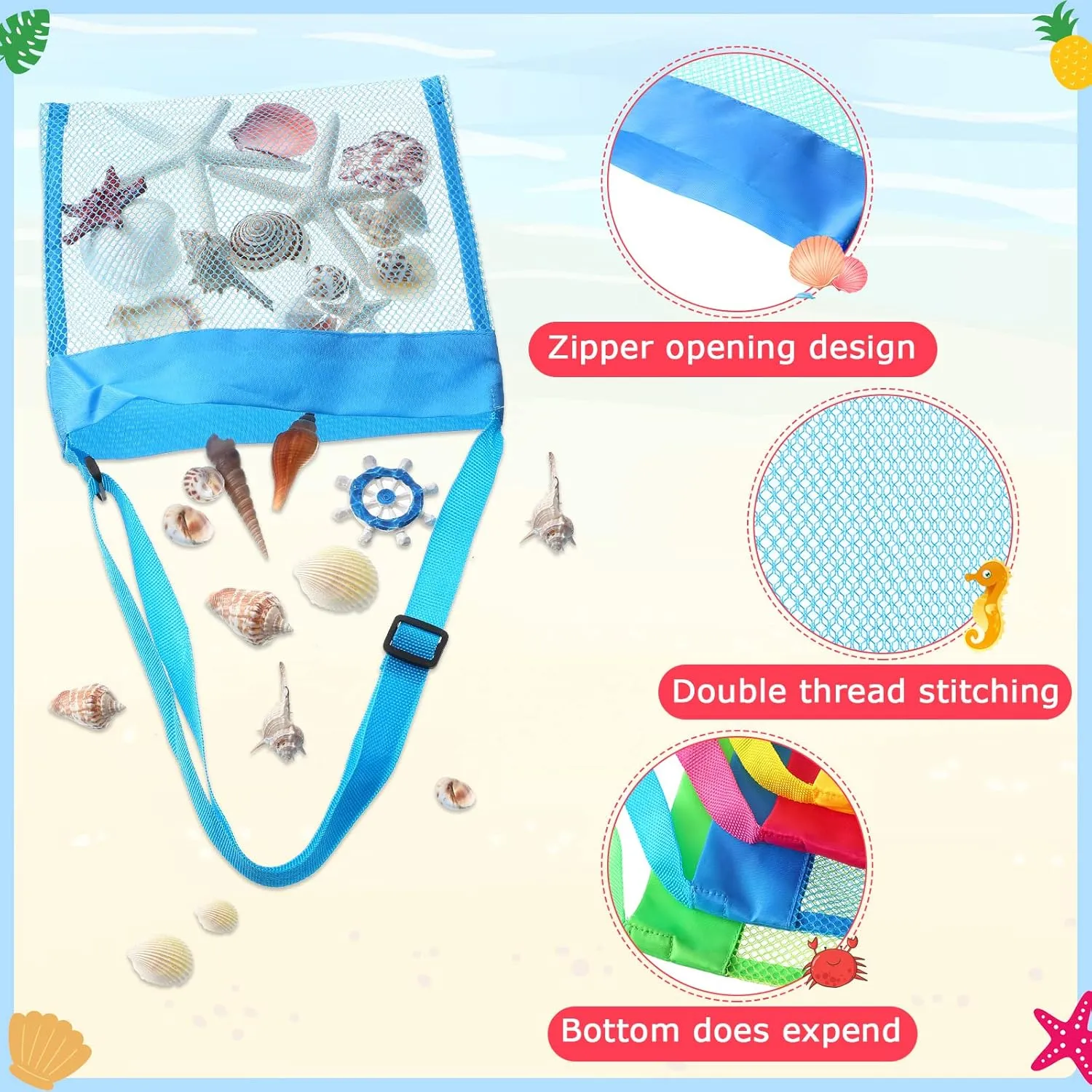 Boao 20 Packs Mesh Beach Bag Sand Toy 9.5 x 9 Inch Seashell Collecting Bag Outdoor Swimming Beach Accessories Gift for Boys and Girls(Colorful,Classic)