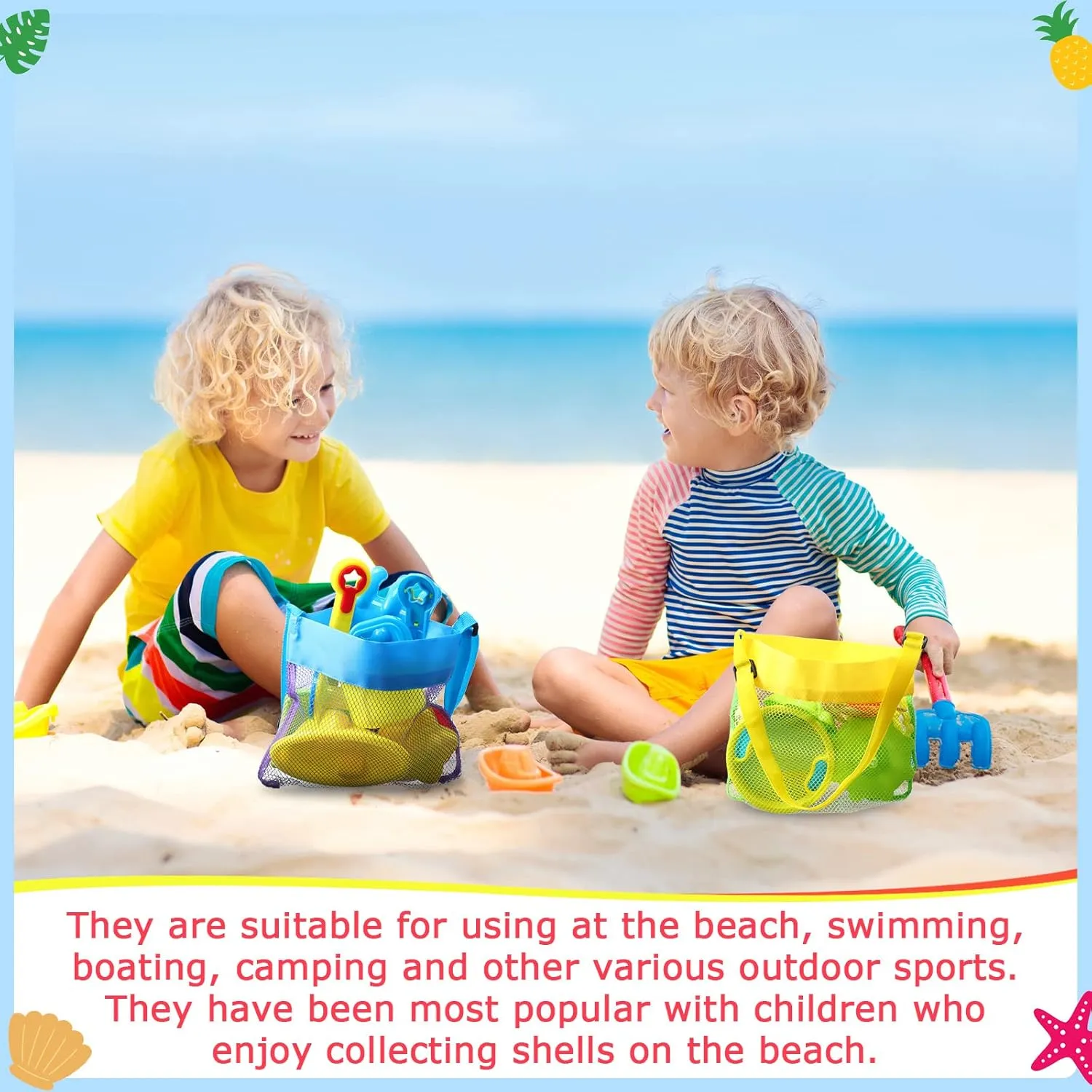 Boao 20 Packs Mesh Beach Bag Sand Toy 9.5 x 9 Inch Seashell Collecting Bag Outdoor Swimming Beach Accessories Gift for Boys and Girls(Colorful,Classic)