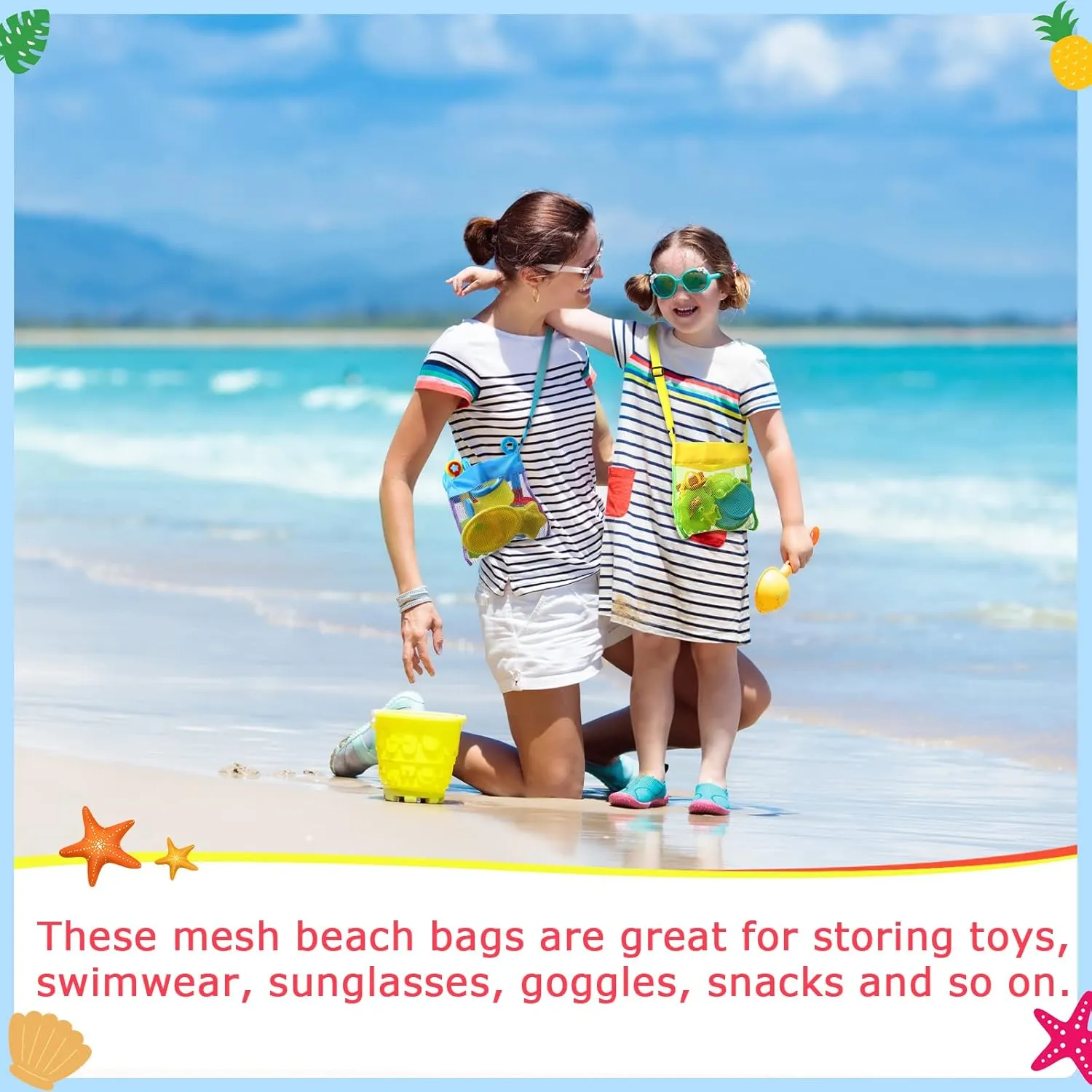 Boao 20 Packs Mesh Beach Bag Sand Toy 9.5 x 9 Inch Seashell Collecting Bag Outdoor Swimming Beach Accessories Gift for Boys and Girls(Colorful,Classic)