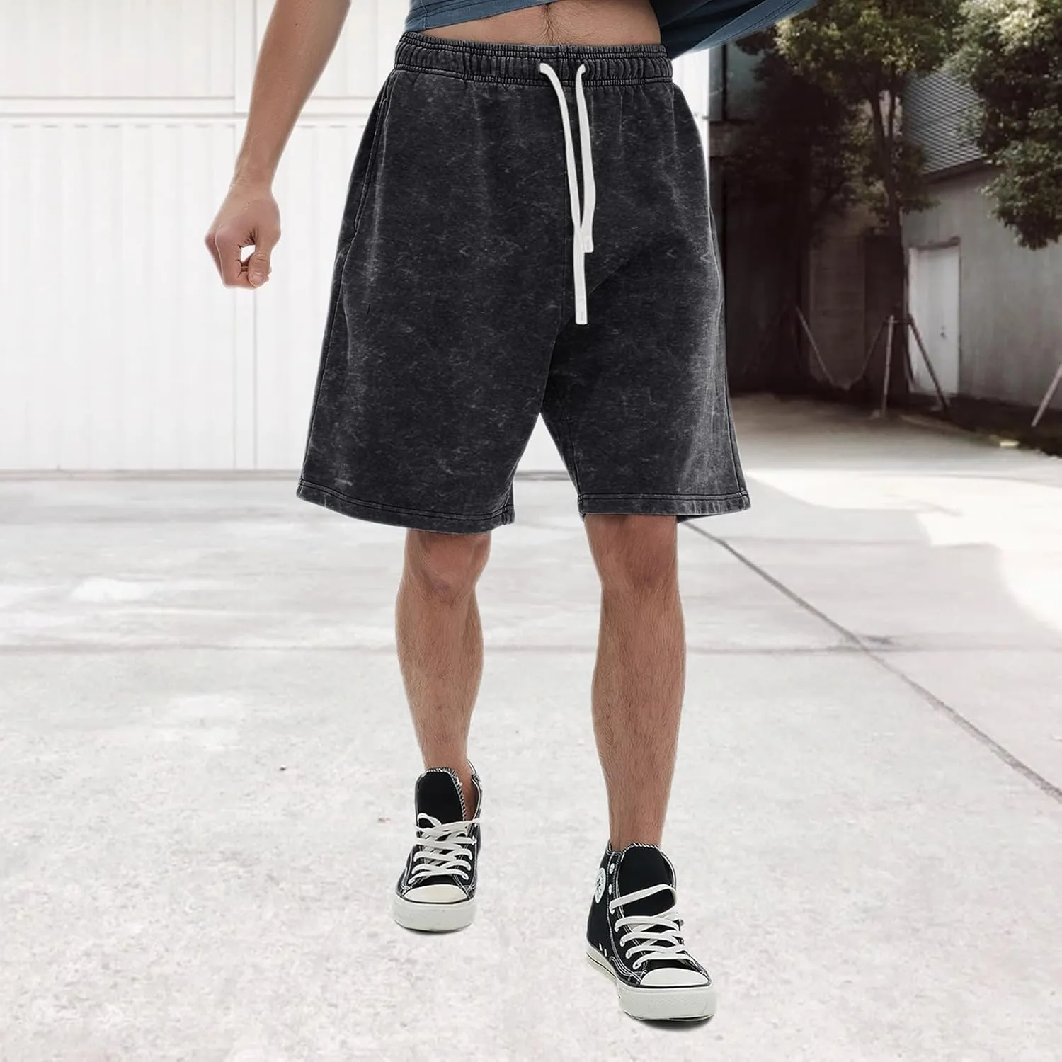 Bobeutou Mens Athletic Vintage Cotton Shorts Drawstring Summer Beach Elastic Waist Streetwear Baggy Gym Shorts with Pockets