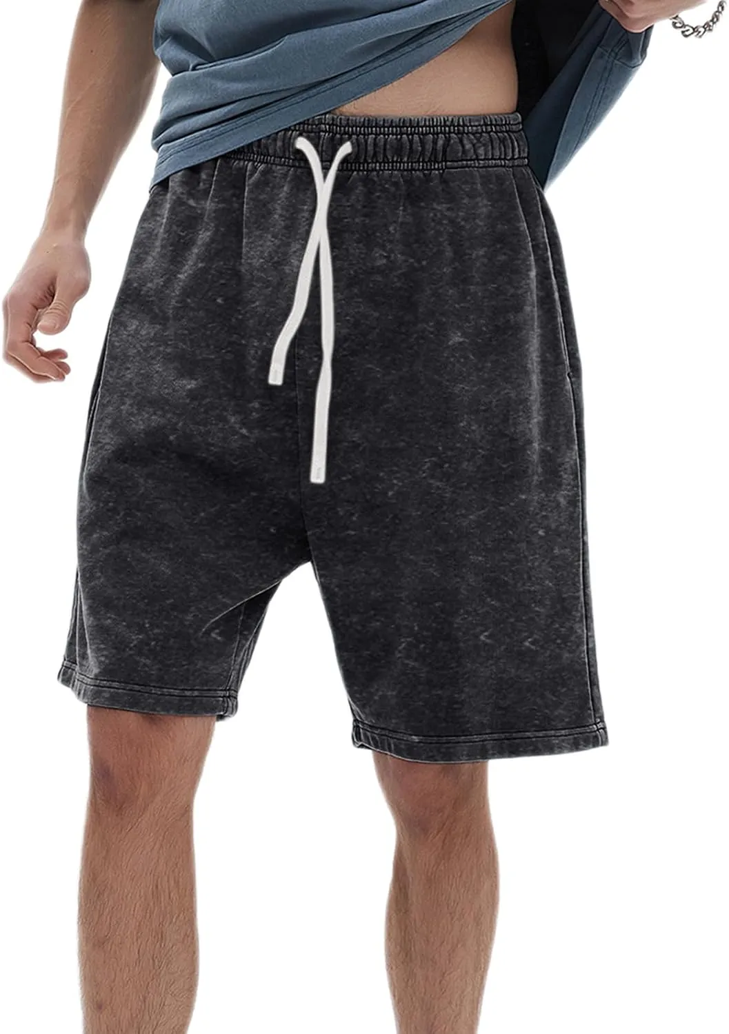Bobeutou Mens Athletic Vintage Cotton Shorts Drawstring Summer Beach Elastic Waist Streetwear Baggy Gym Shorts with Pockets