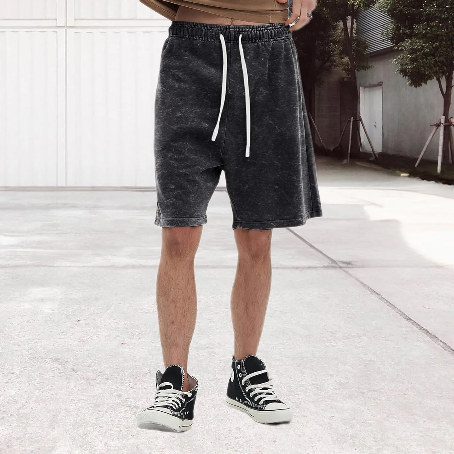 Bobeutou Mens Athletic Vintage Cotton Shorts Drawstring Summer Beach Elastic Waist Streetwear Baggy Gym Shorts with Pockets