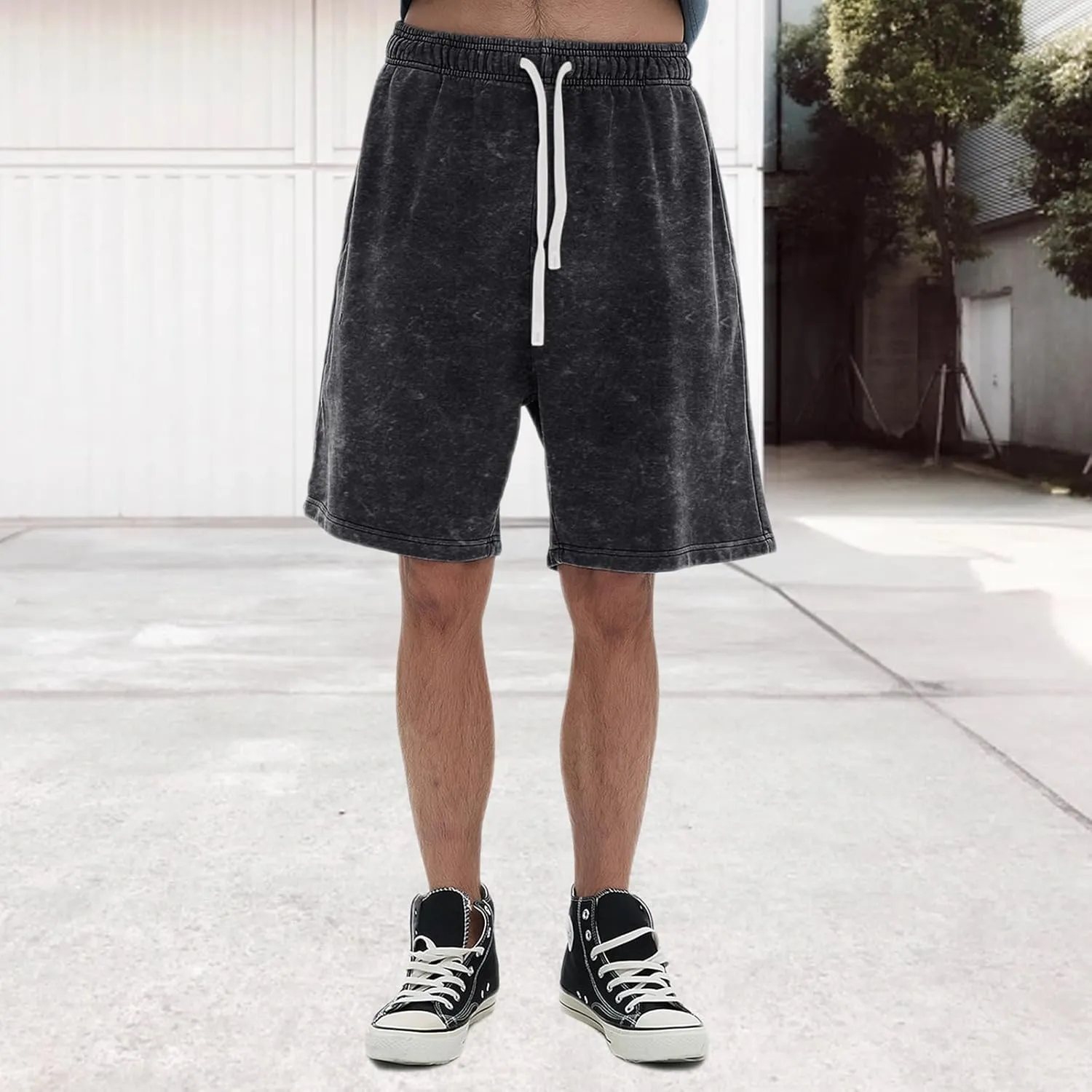 Bobeutou Mens Athletic Vintage Cotton Shorts Drawstring Summer Beach Elastic Waist Streetwear Baggy Gym Shorts with Pockets